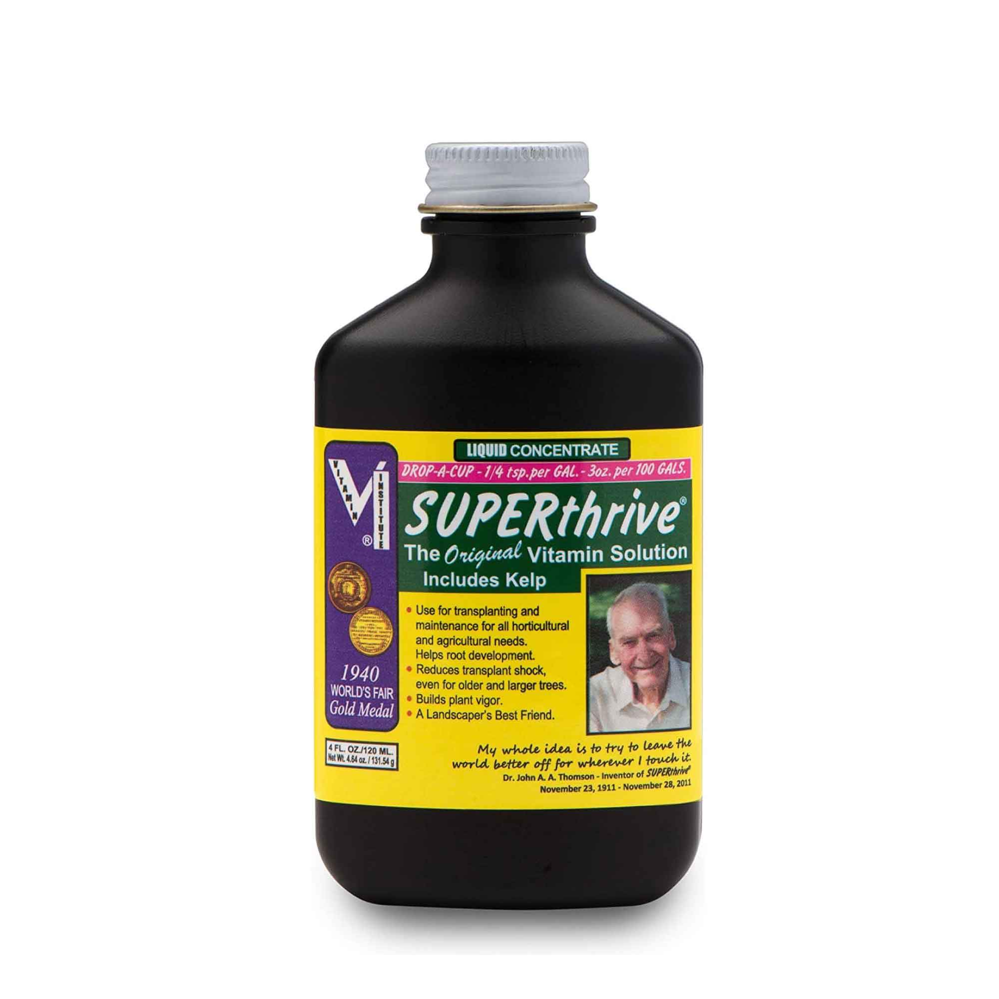 A 120ml bottle of Superthrive Vitamin Solution for plant growth enhancement, featuring a vibrant label and a clear liquid inside.