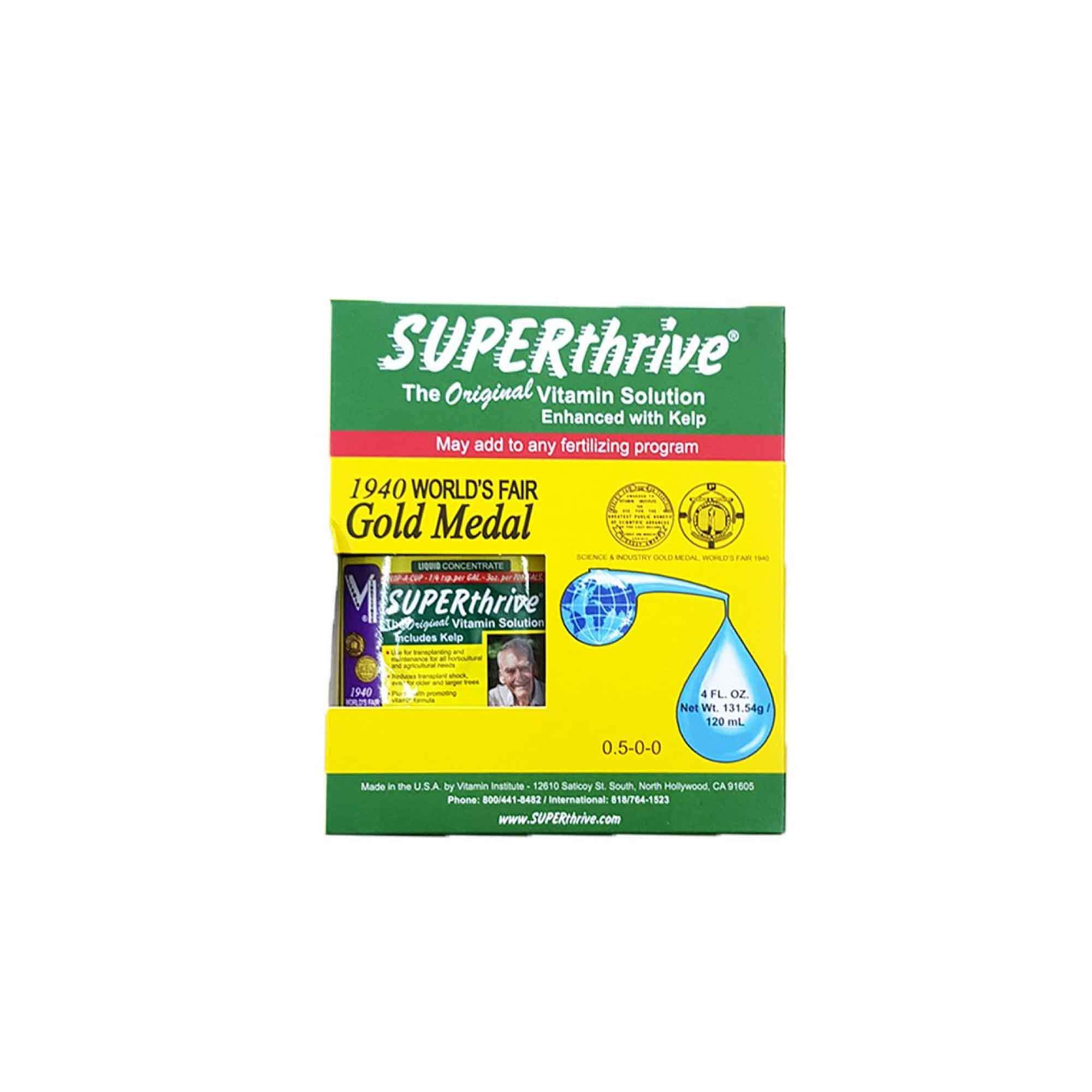 A 120ml bottle of Superthrive Vitamin Solution for plant growth enhancement, featuring a vibrant label and a clear liquid inside.