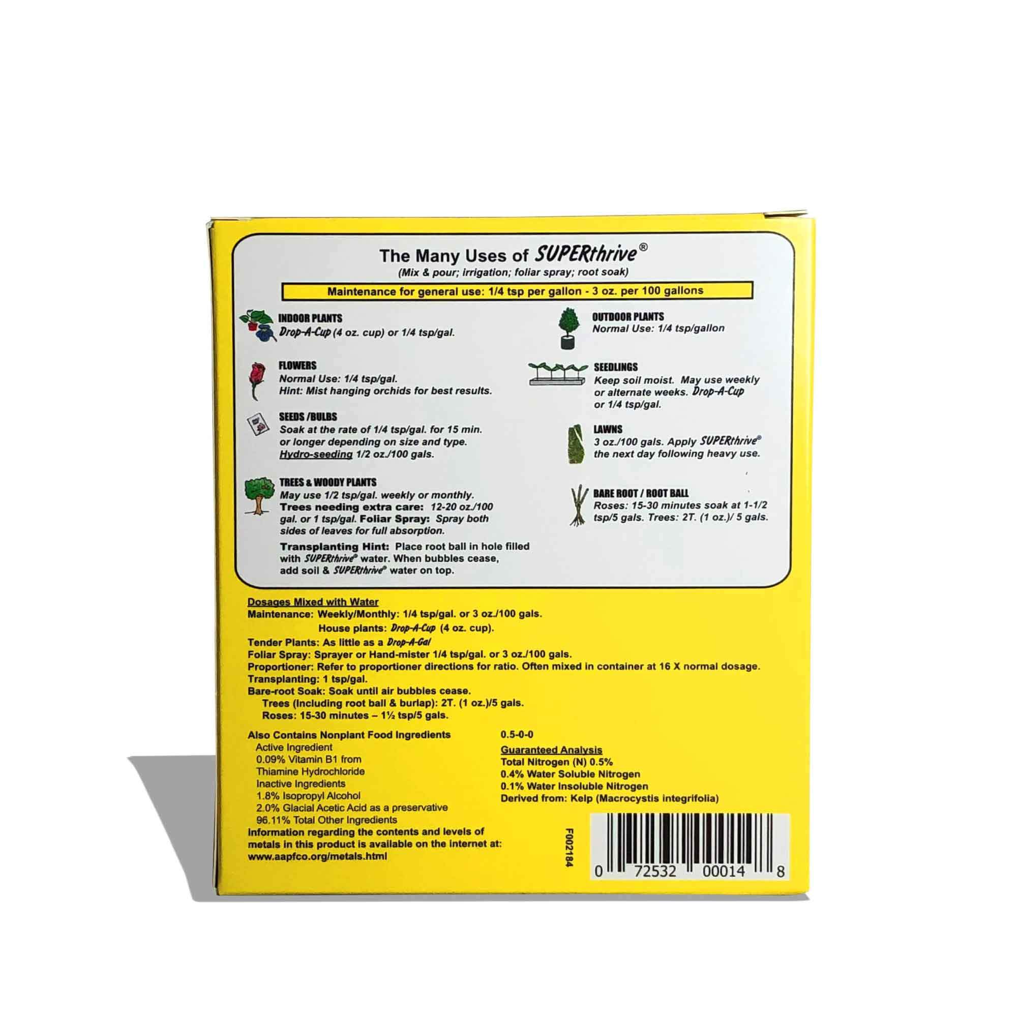 A 120ml bottle of Superthrive Vitamin Solution for plant growth enhancement, featuring a vibrant label and a clear liquid inside.