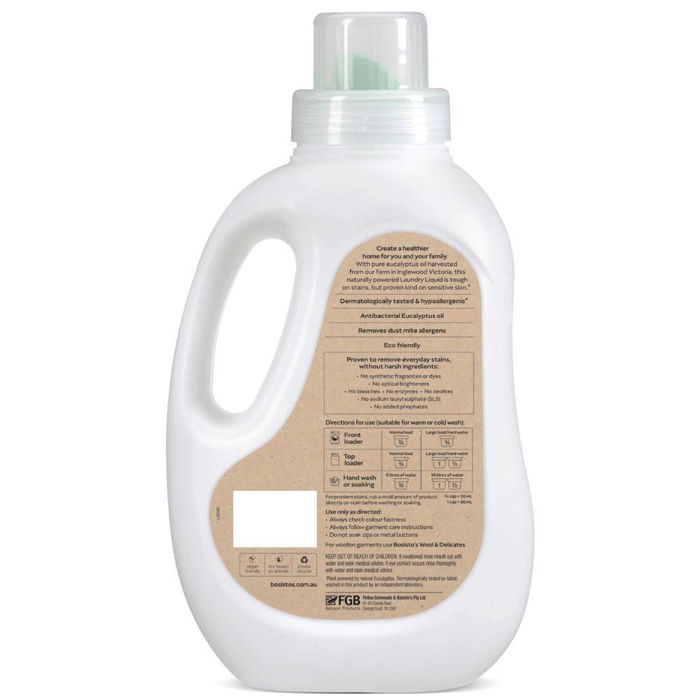 Bosisto's 1.2L Laundry Liquid with Eucalyptus Oil, eco-friendly and hypoallergenic, in a clear bottle with a green label.