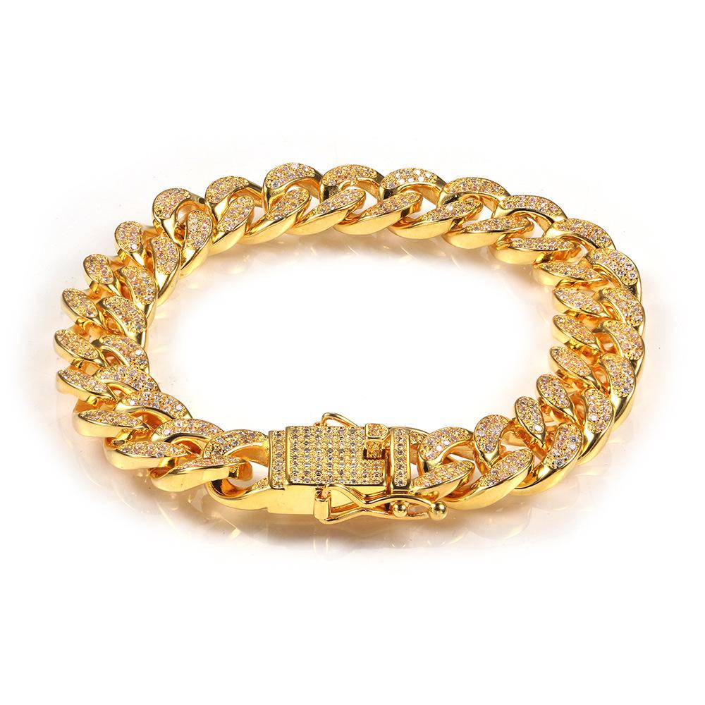 A stylish 12mm Bling Full Zircon Cuban Chain Bracelet for men, featuring dazzling white zircon stones and 18K gold plating.