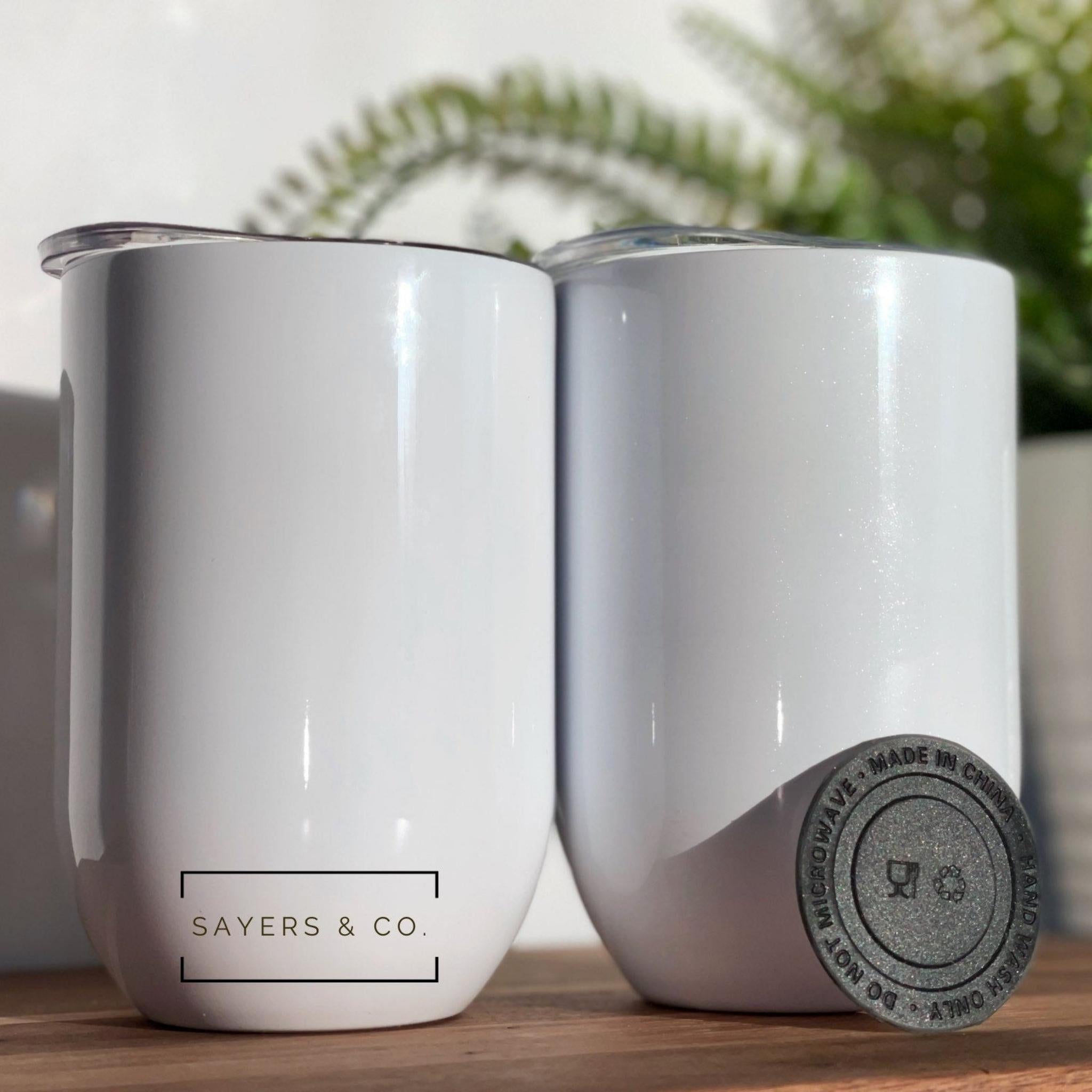 12oz Straight Edge White Glitter Wine Tumbler with a sleek design, perfect for sublimation and keeping drinks cold.