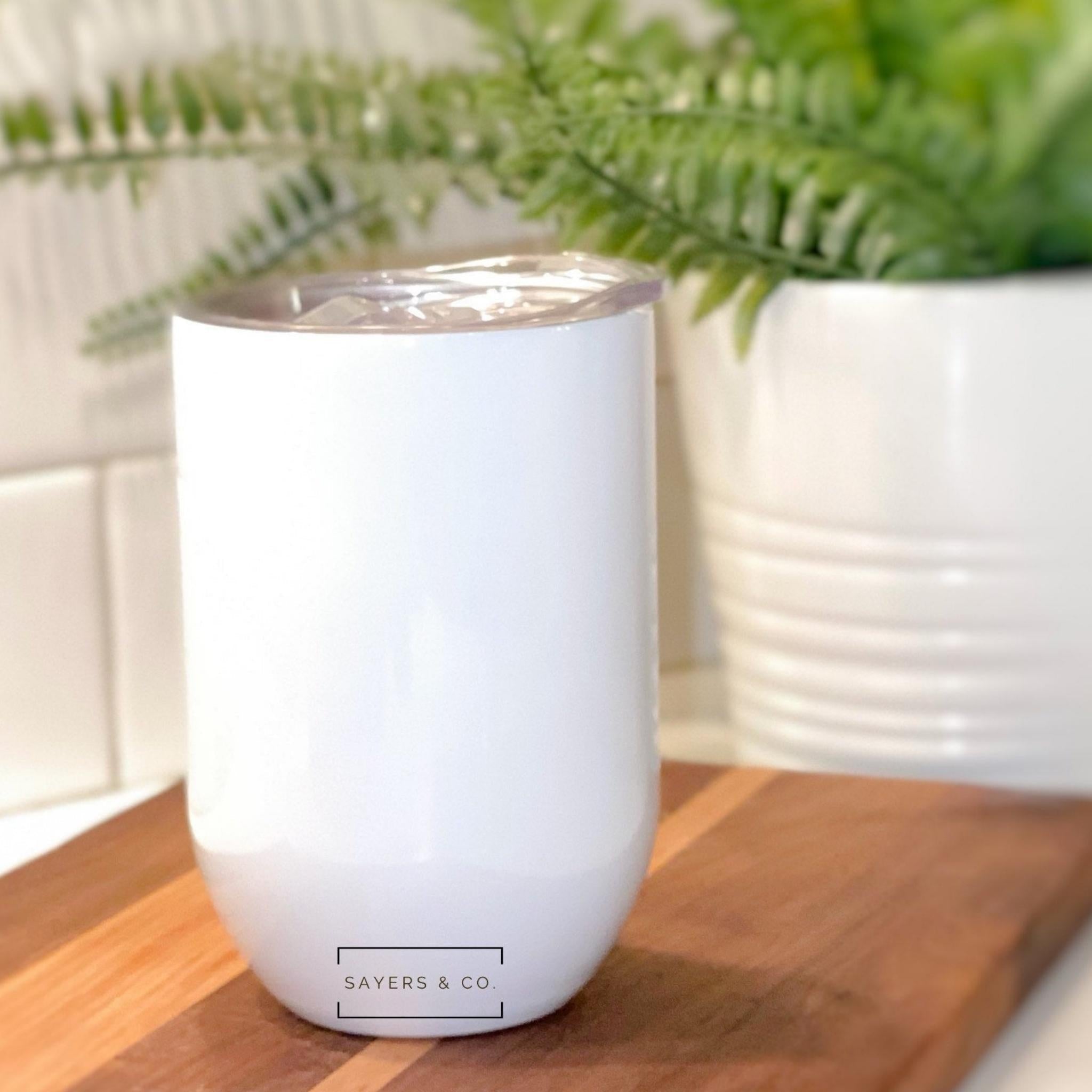 12oz Straight Edge White Glitter Wine Tumbler with a sleek design, perfect for sublimation and keeping drinks cold.