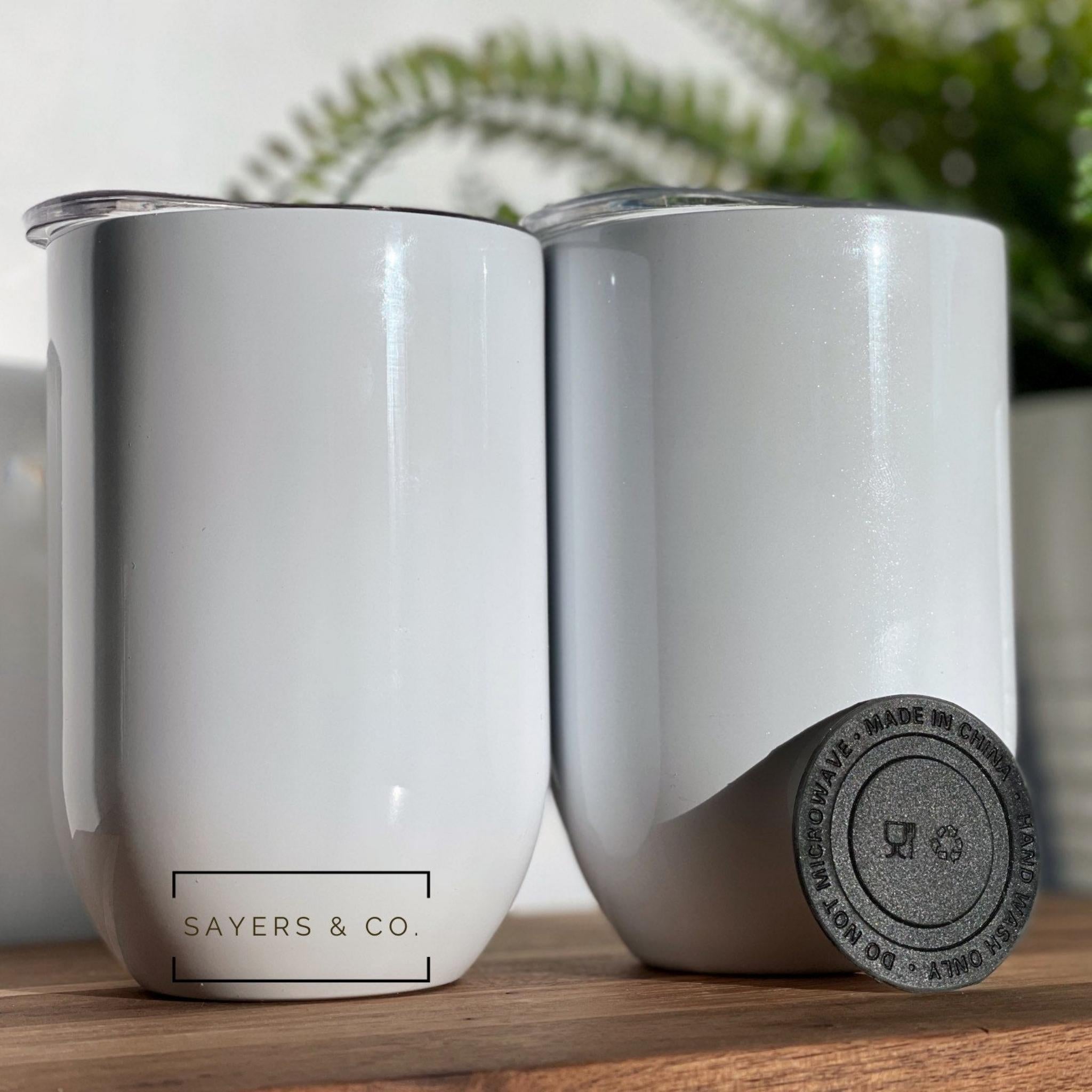 12oz Straight Edge White Glitter Wine Tumbler with a sleek design, perfect for sublimation and keeping drinks cold.