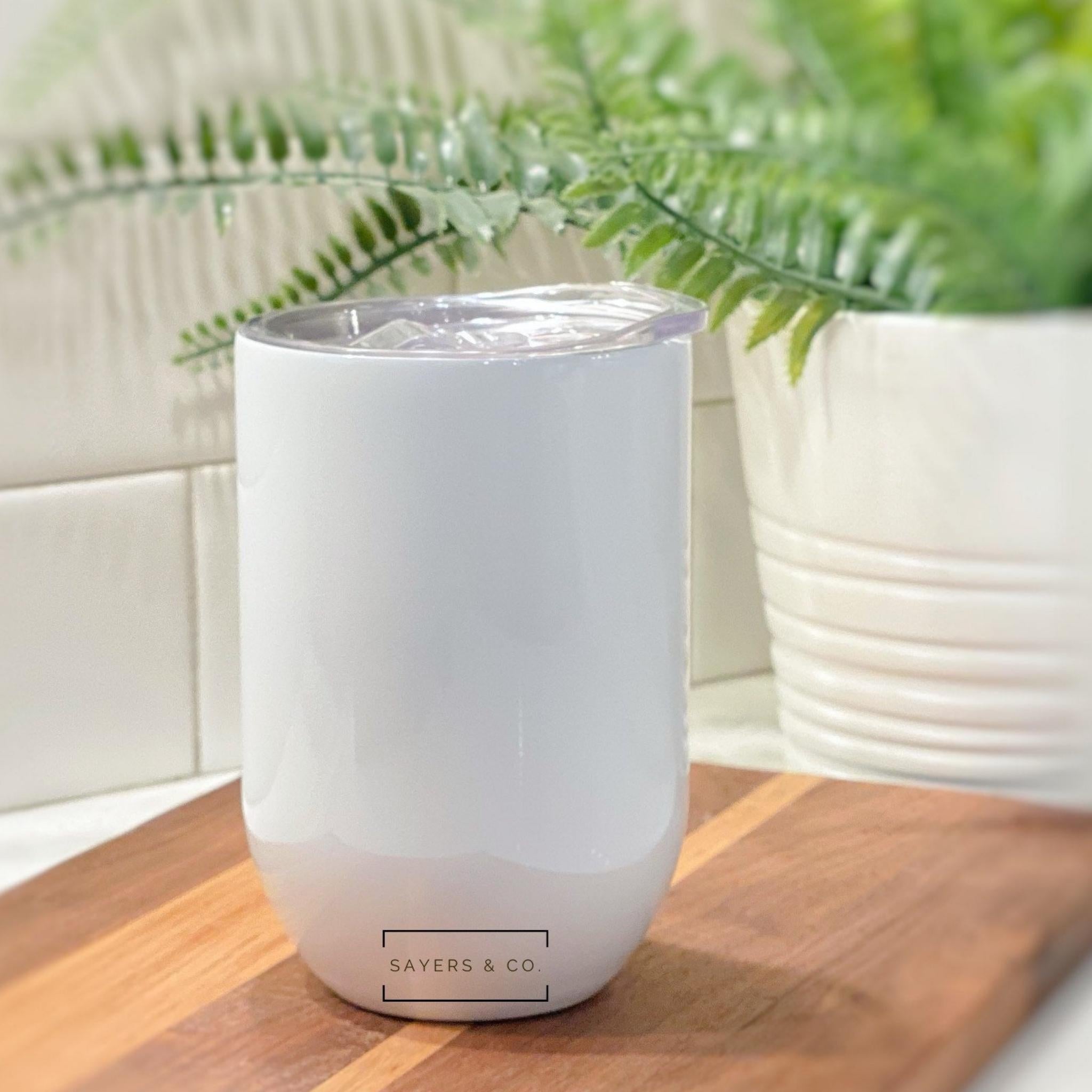 12oz Straight Edge White Glitter Wine Tumbler with a sleek design, perfect for sublimation and keeping drinks cold.