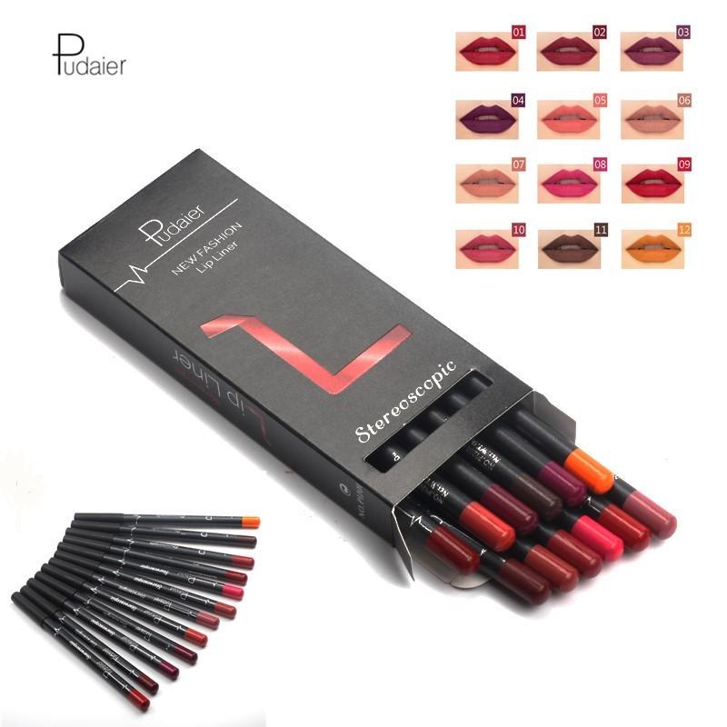 12-piece Pudaier Professional Lipliner Pencil Kit showcasing vibrant colors in a sleek box, perfect for enhancing lip makeup.