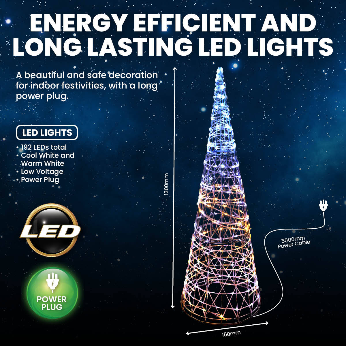 A 1.3m tall 3D LED decorative metal cone Christmas tree adorned with 192 warm and cool white lights, showcasing a twinkling effect.