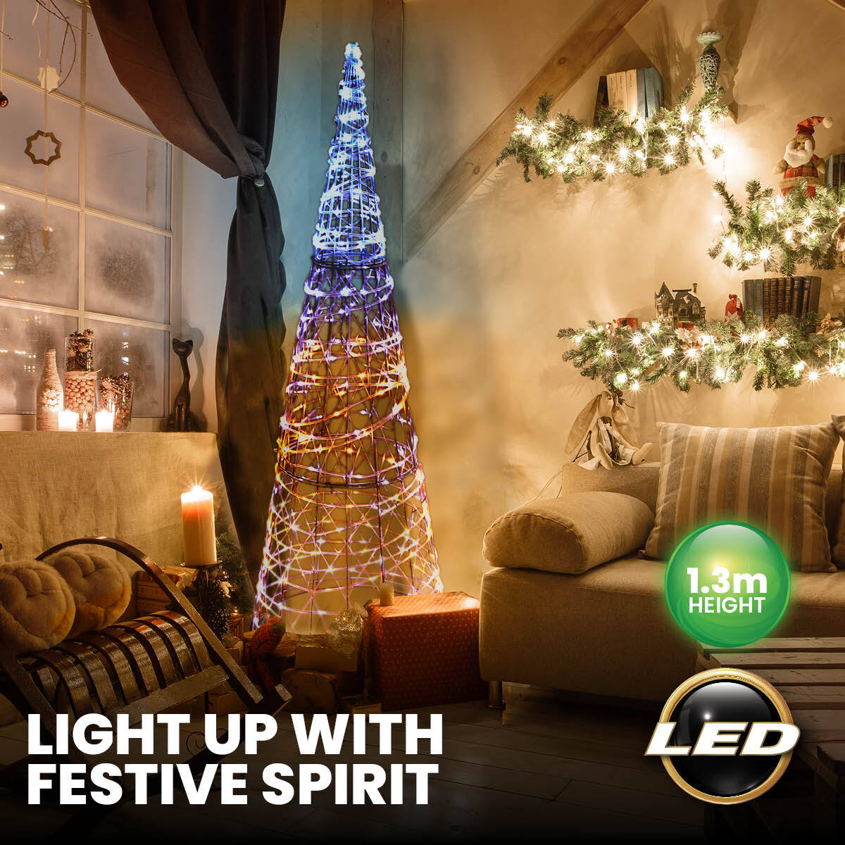 A 1.3m tall 3D LED decorative metal cone Christmas tree adorned with 192 warm and cool white lights, showcasing a twinkling effect.
