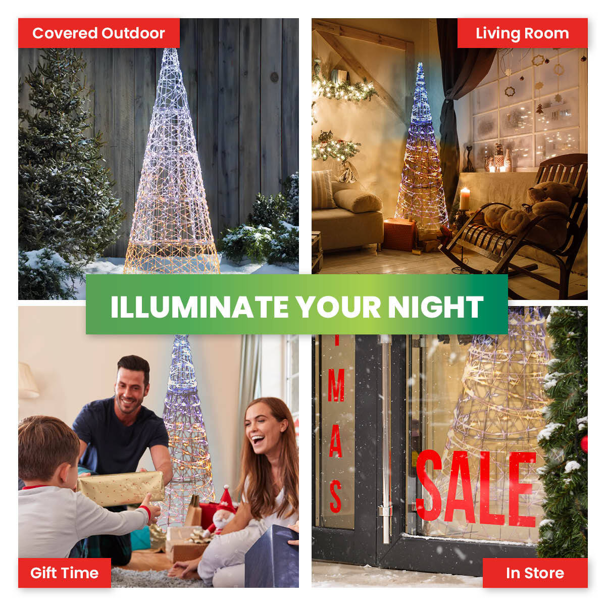 A 1.3m tall 3D LED decorative metal cone Christmas tree adorned with 192 warm and cool white lights, showcasing a twinkling effect.