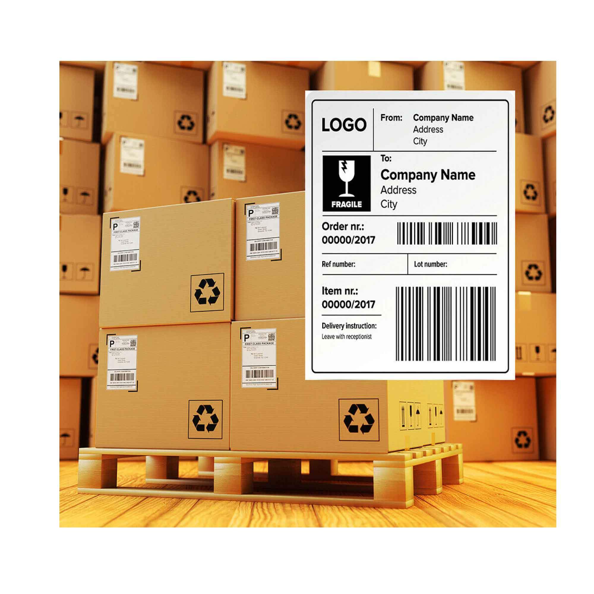 Stacked shipping boxes with labels.