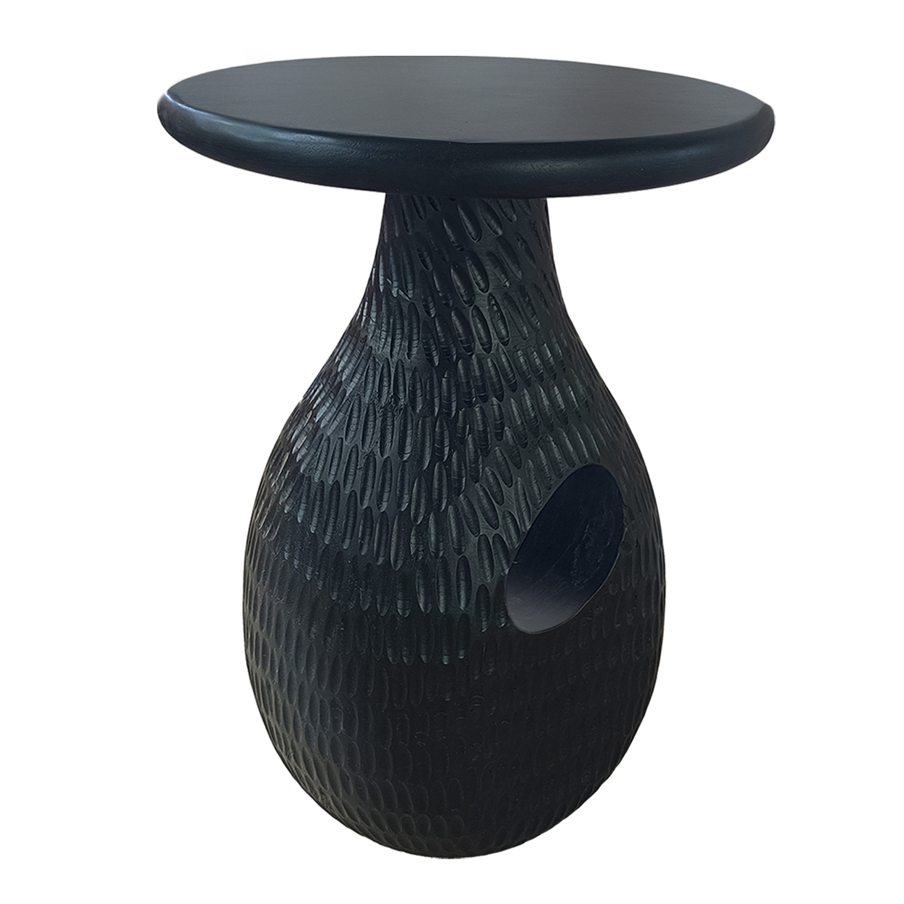 14 Inch Side End Table made of handcrafted mango wood with an embossed hammered design, featuring a classic black finish and a sturdy teardrop base.