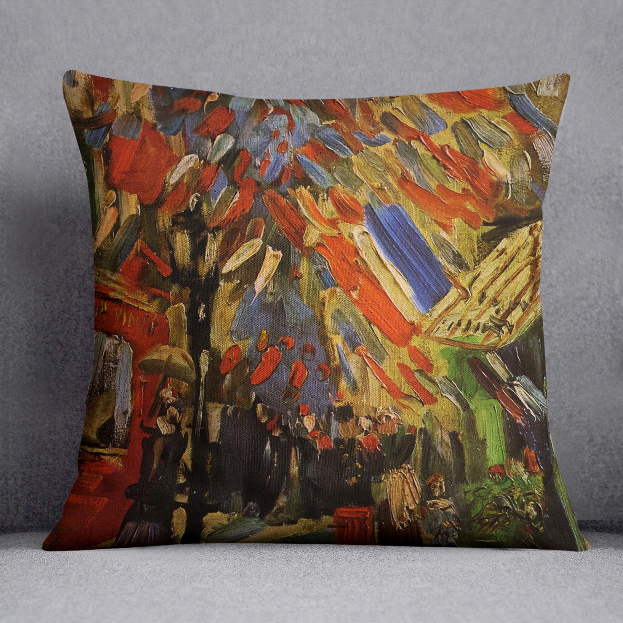 14 July in Paris by Van Gogh Cushion featuring vibrant colors and luxurious vegan faux suede fabric.