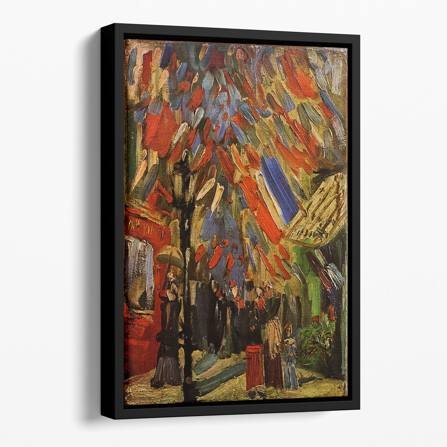 14 July in Paris by Van Gogh, vibrant abstract wall art in a floating frame, showcasing dynamic colors and brush strokes.