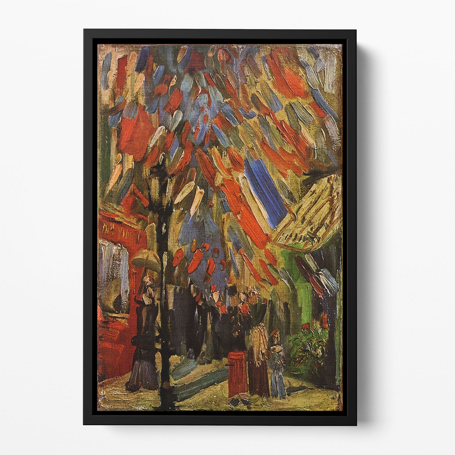 14 July in Paris by Van Gogh, vibrant abstract wall art in a floating frame, showcasing dynamic colors and brush strokes.
