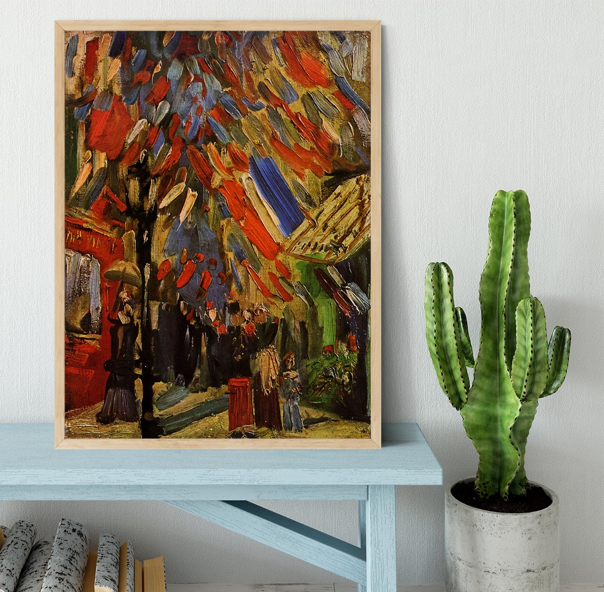 Framed print of Van Gogh's '14 July in Paris', showcasing vibrant colors and intricate details in a stylish handmade frame.