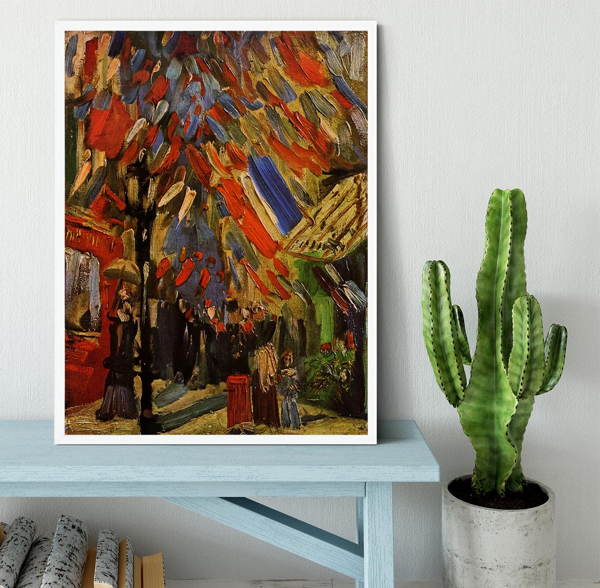 Framed print of Van Gogh's '14 July in Paris', showcasing vibrant colors and intricate details in a stylish handmade frame.