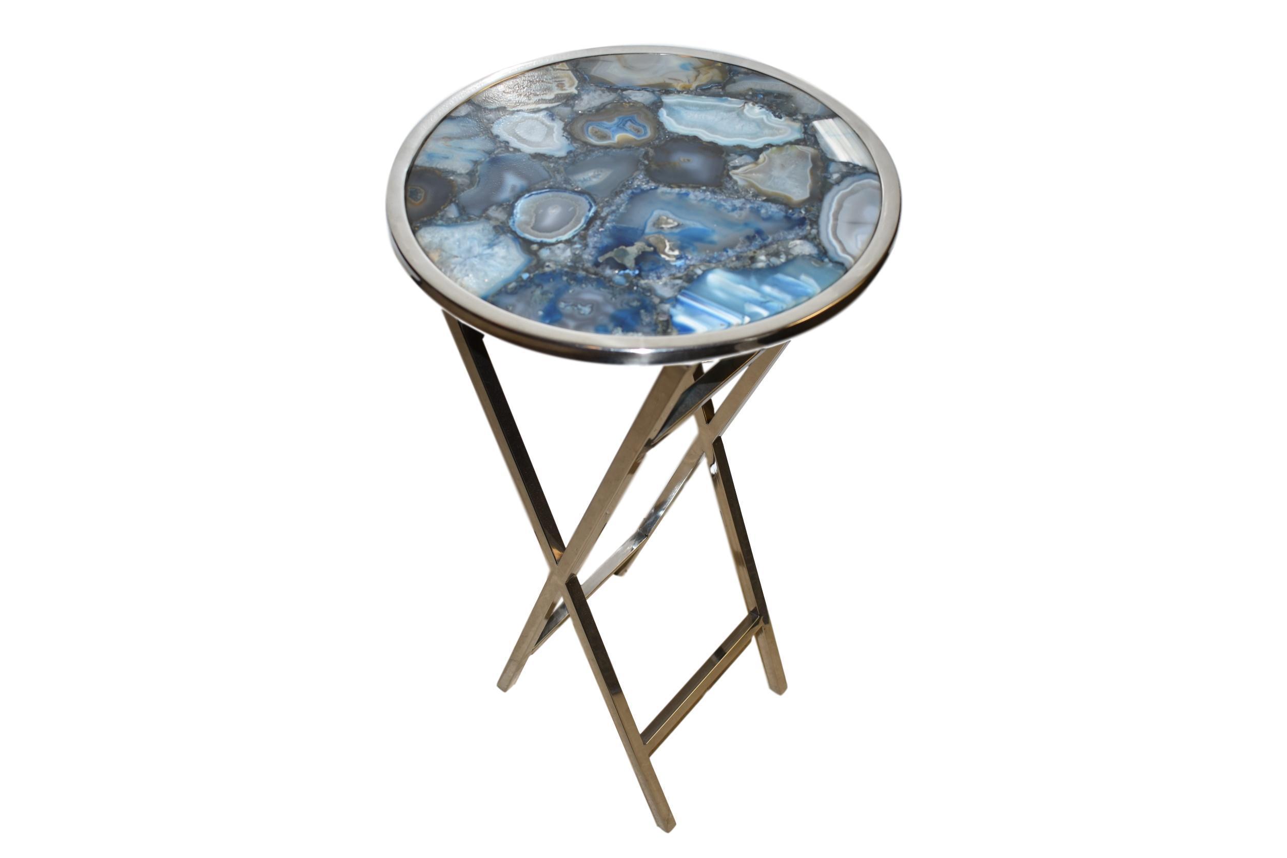 14-inch round side table featuring a pastel blue agate top and a polished steel base, showcasing a modern and elegant design.