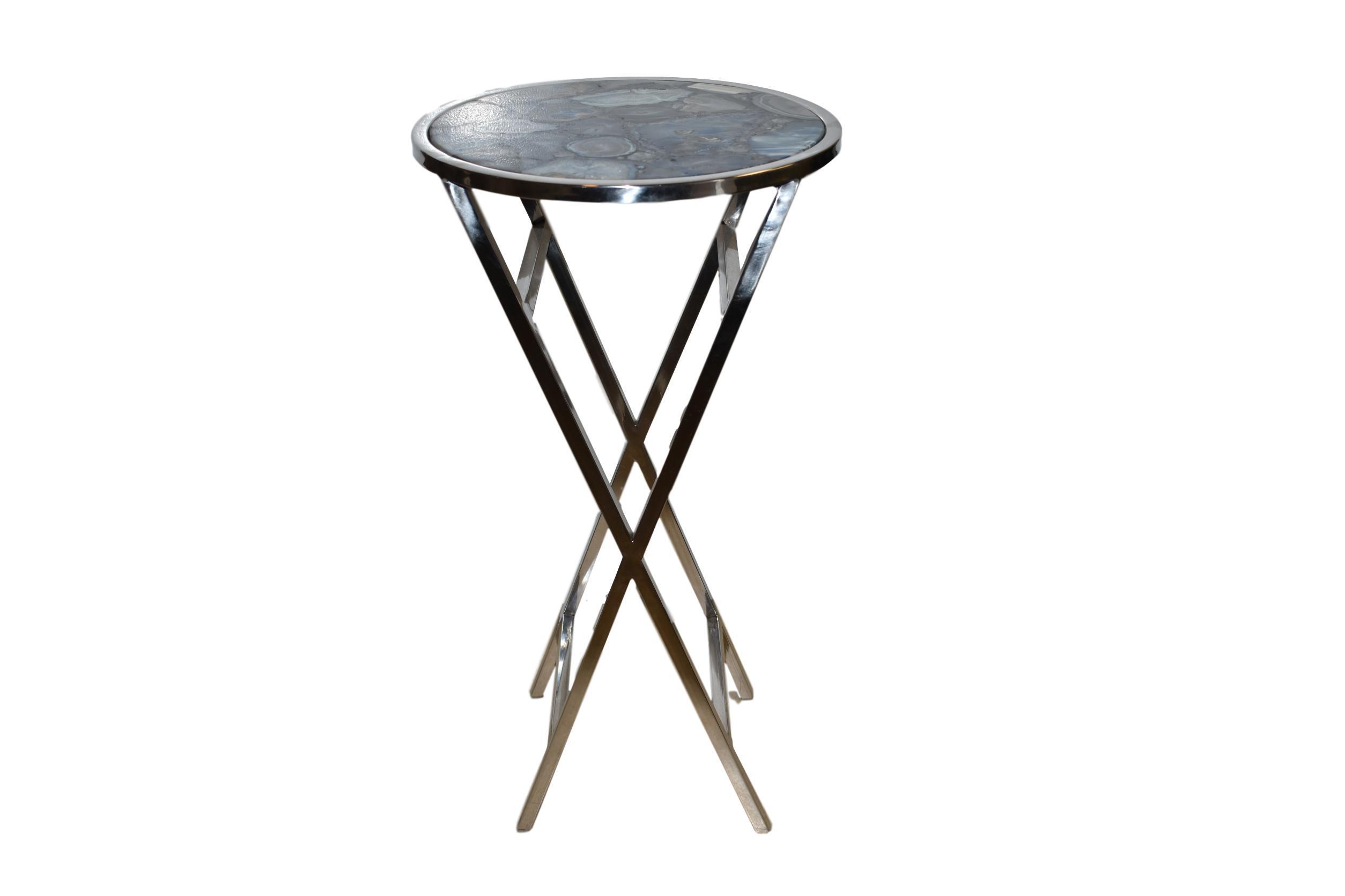 14-inch round side table featuring a pastel blue agate top and a polished steel base, showcasing a modern and elegant design.