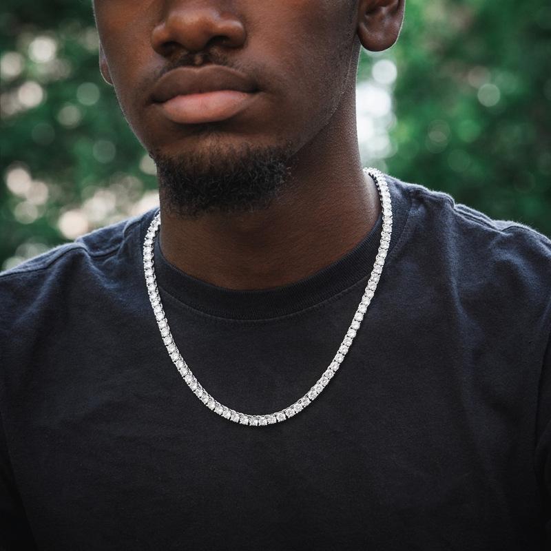 14k plated gold men's necklace with iced out diamond tennis chain, showcasing intricate craftsmanship and luxurious design.