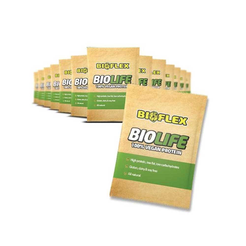 Packets of Bioflex vegan protein.