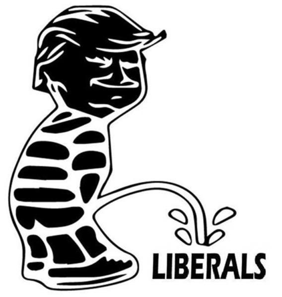 15.2*13.6CM Trump pee on liberals vinyl sticker on a smooth surface, showcasing its reflective quality and humorous design.