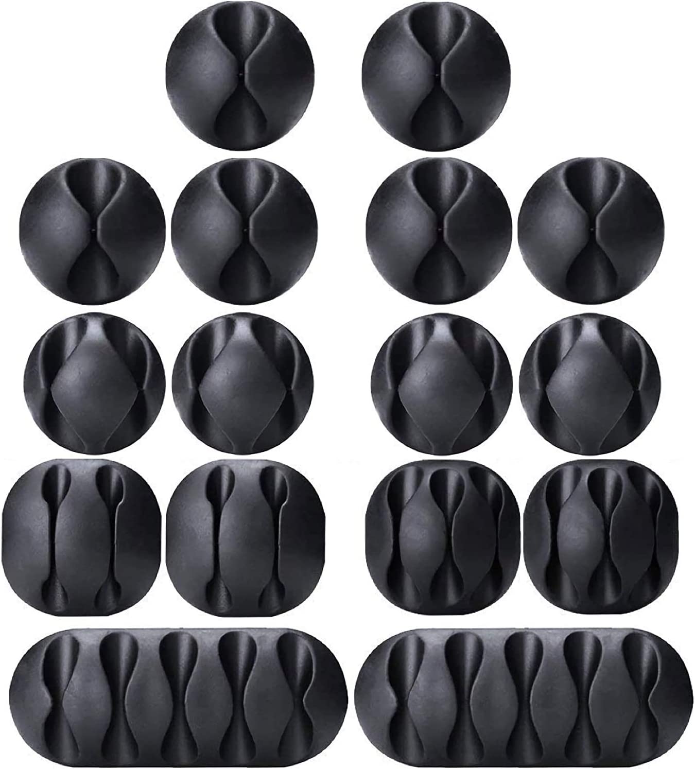 A pack of 16 black cord organizers with various sizes, designed for cable management in home and office settings.