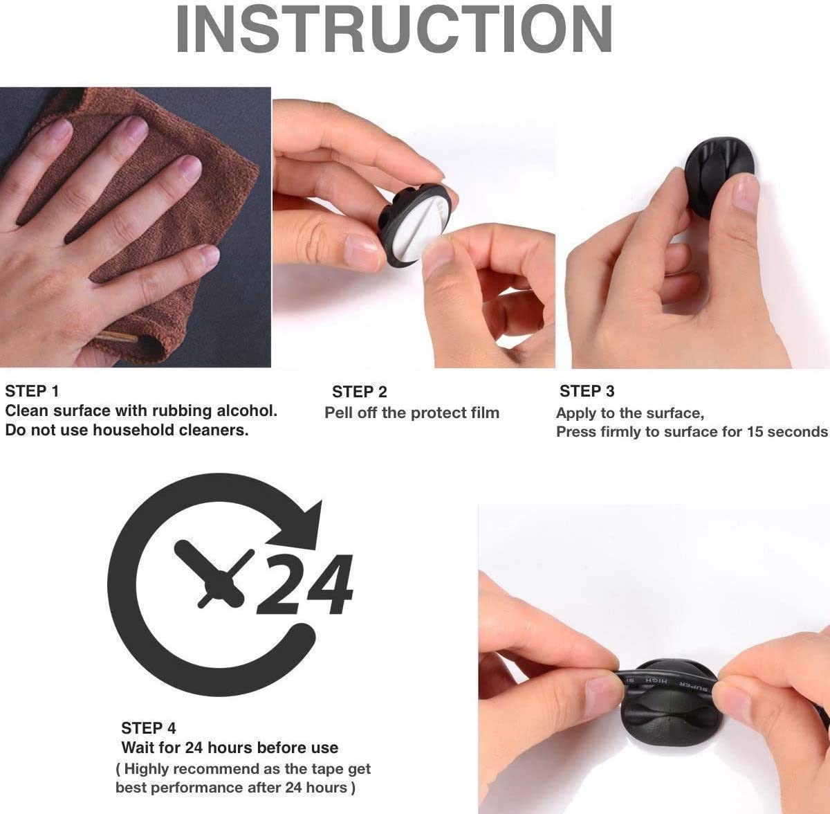 A pack of 16 black cord organizers with various sizes, designed for cable management in home and office settings.