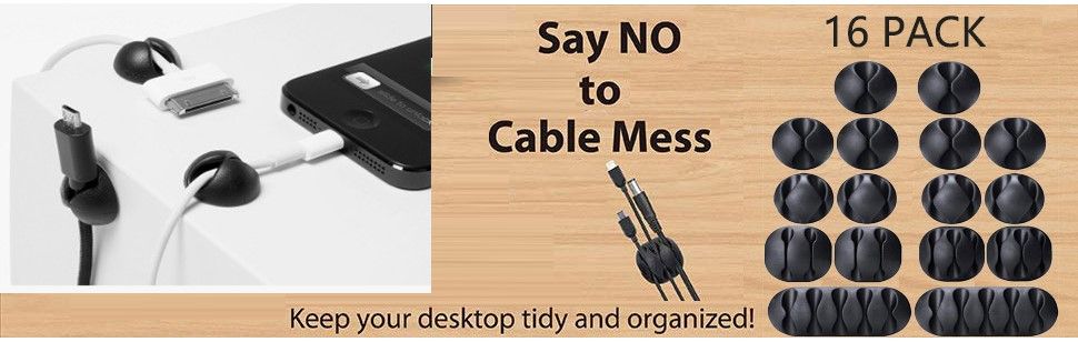 A pack of 16 black cord organizers with various sizes, designed for cable management in home and office settings.