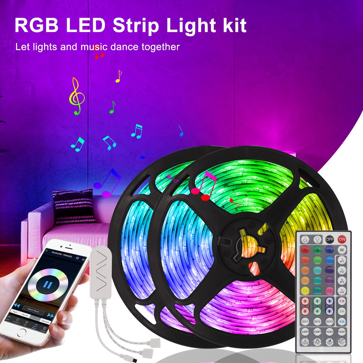 A vibrant display of 16.4ft to 66ft RGB LED strips showcasing colorful lighting options for home and event decoration.