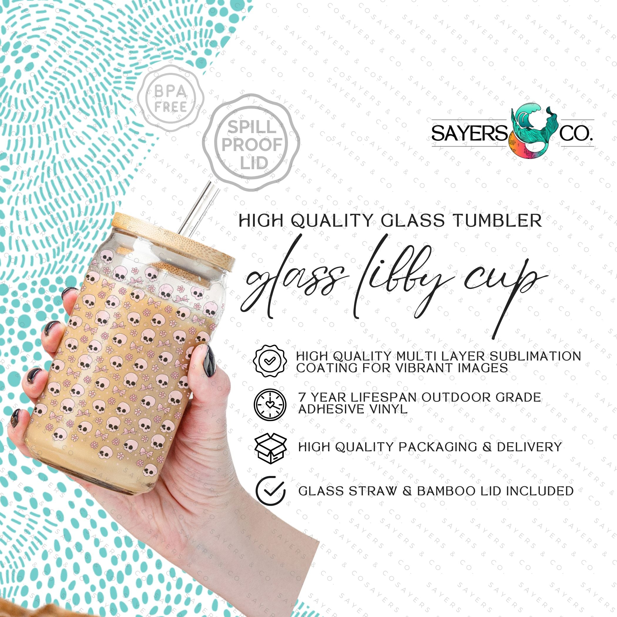 16oz Coquette Til I Die Glass Cup with bamboo lid and straw, featuring a trendy skull design, perfect for various beverages.