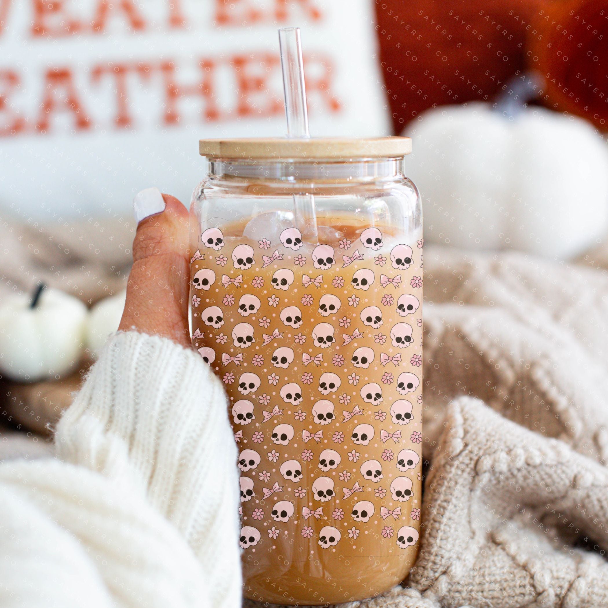16oz Coquette Til I Die Glass Cup with bamboo lid and straw, featuring a trendy skull design, perfect for various beverages.