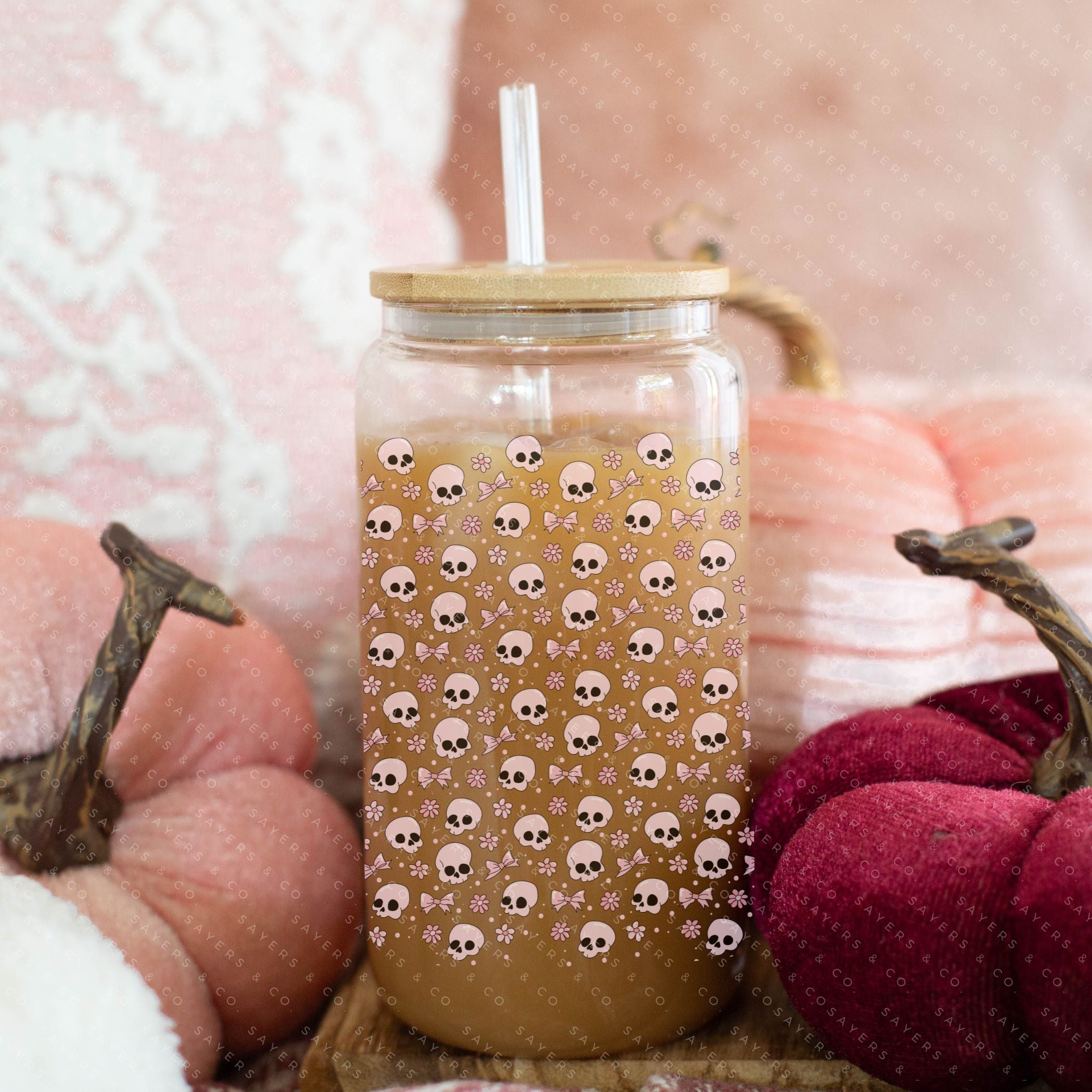 16oz Coquette Til I Die Glass Cup with bamboo lid and straw, featuring a trendy skull design, perfect for various beverages.