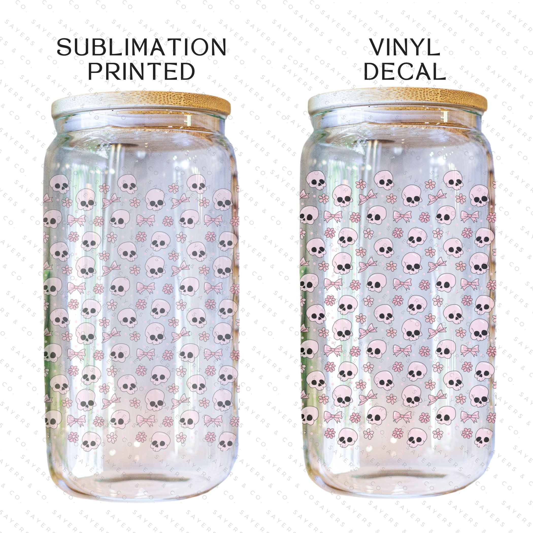 16oz Coquette Til I Die Glass Cup with bamboo lid and straw, featuring a trendy skull design, perfect for various beverages.