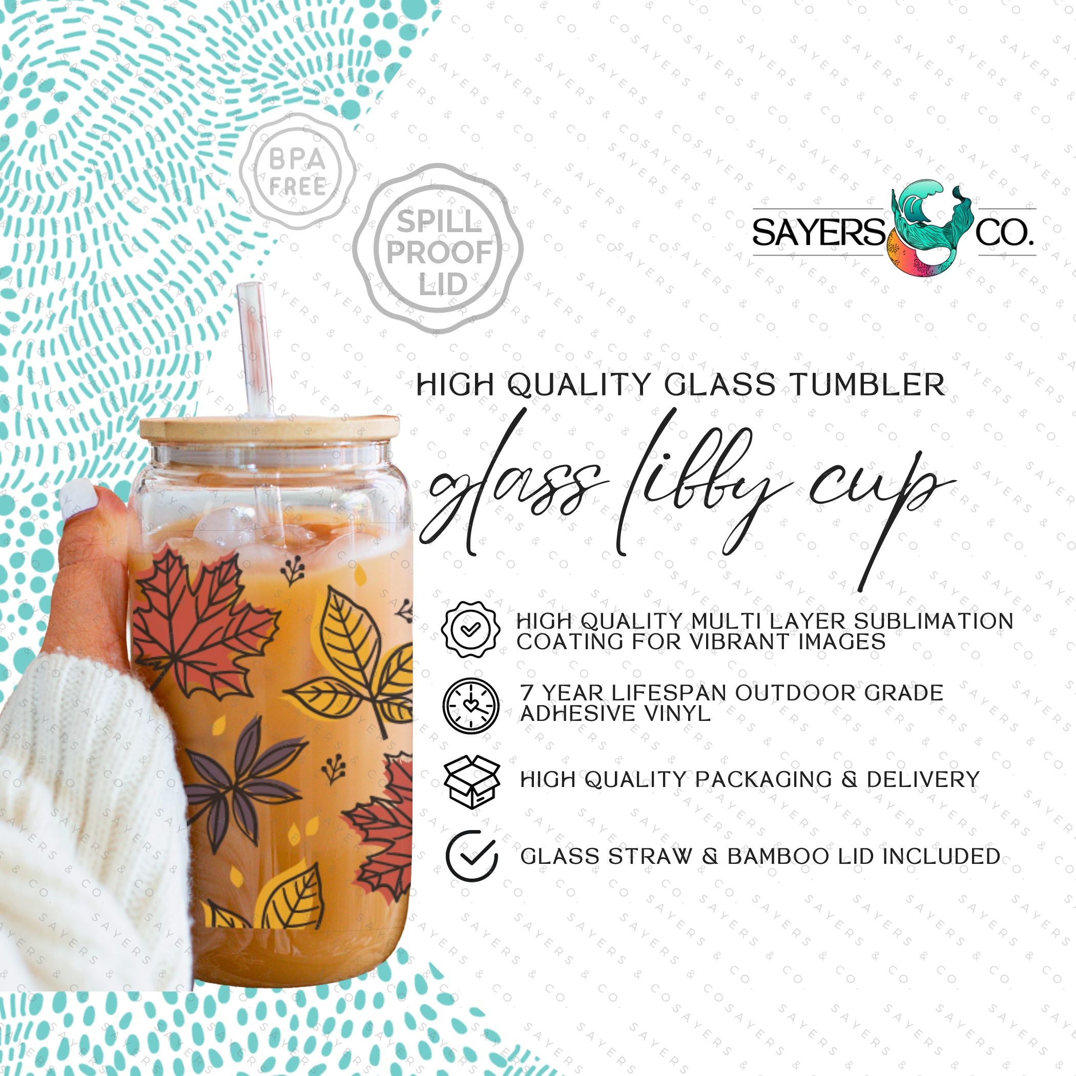 16oz Fall Leaves Glass Cup featuring a bamboo lid and straw, showcasing a beautiful autumn leaves design, perfect for seasonal beverages.