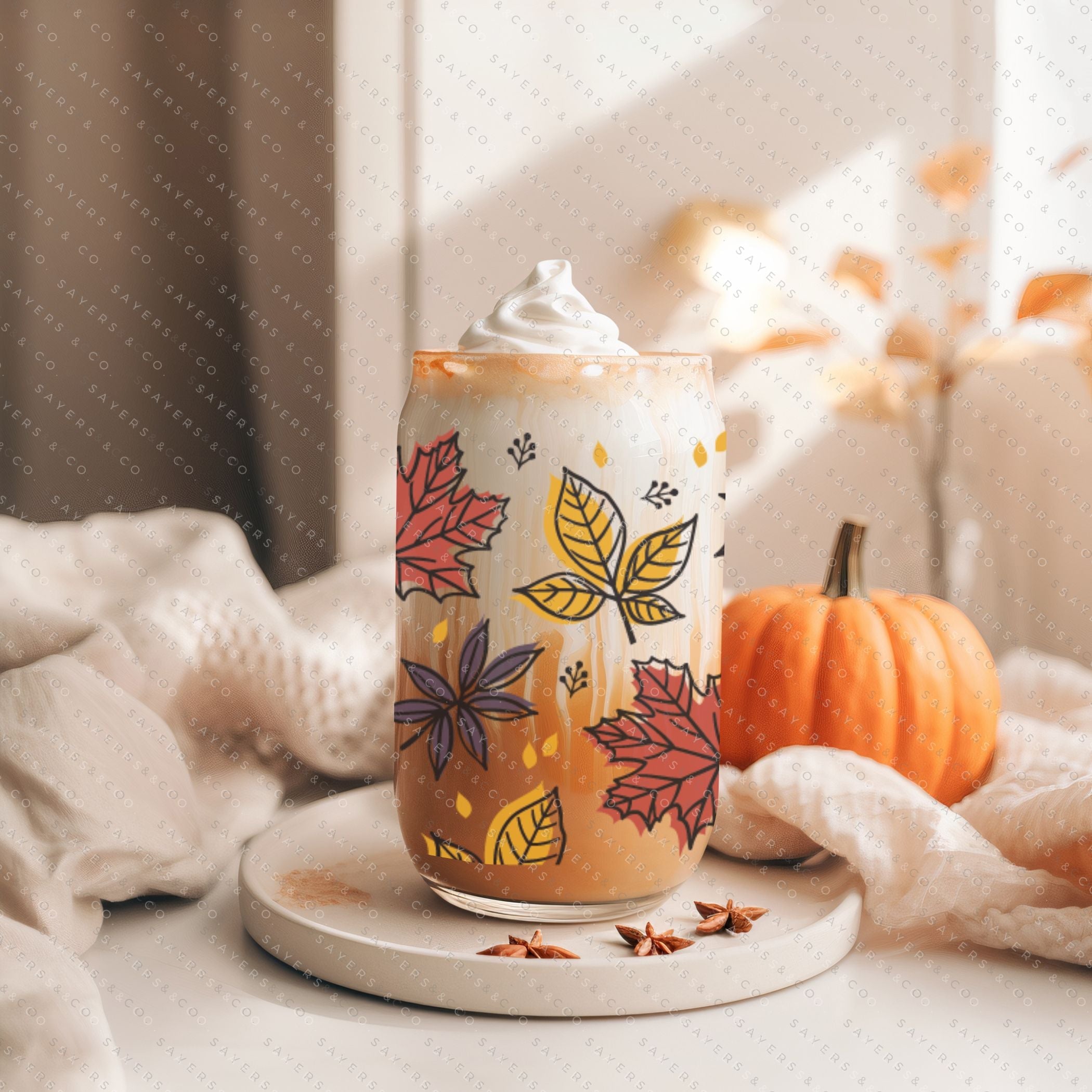 16oz Fall Leaves Glass Cup featuring a bamboo lid and straw, showcasing a beautiful autumn leaves design, perfect for seasonal beverages.
