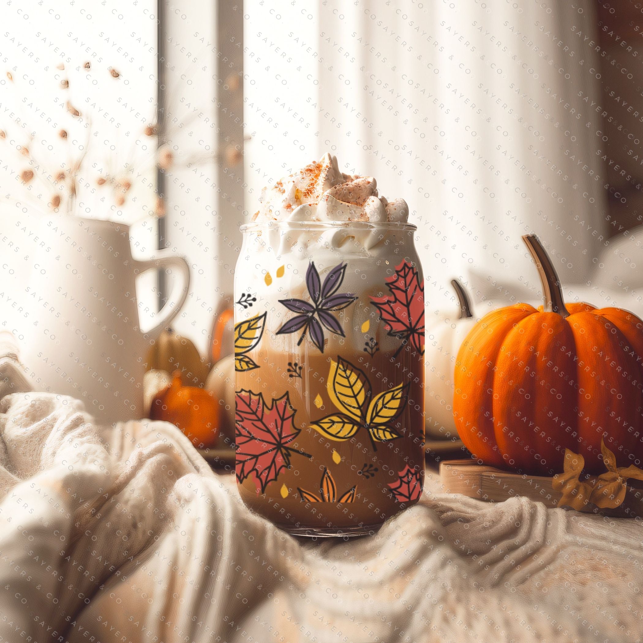 16oz Fall Leaves Glass Cup featuring a bamboo lid and straw, showcasing a beautiful autumn leaves design, perfect for seasonal beverages.