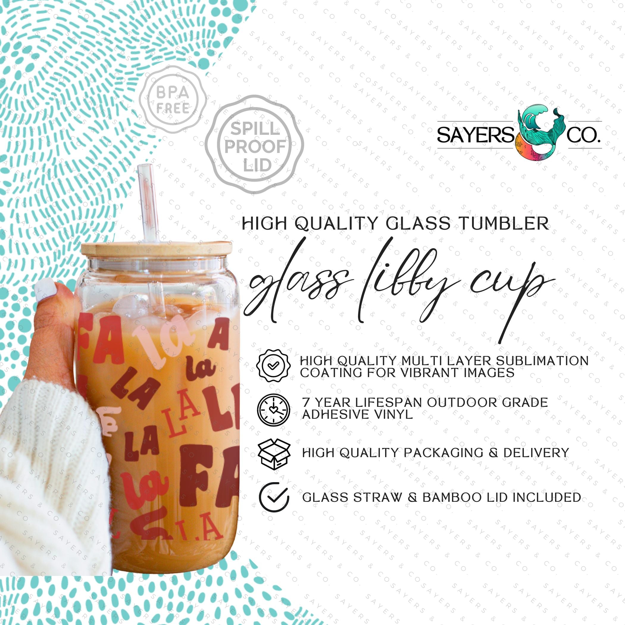 16oz Falala Christmas Lyrics Glass Cup featuring a bamboo lid and straw, perfect for festive drinks.