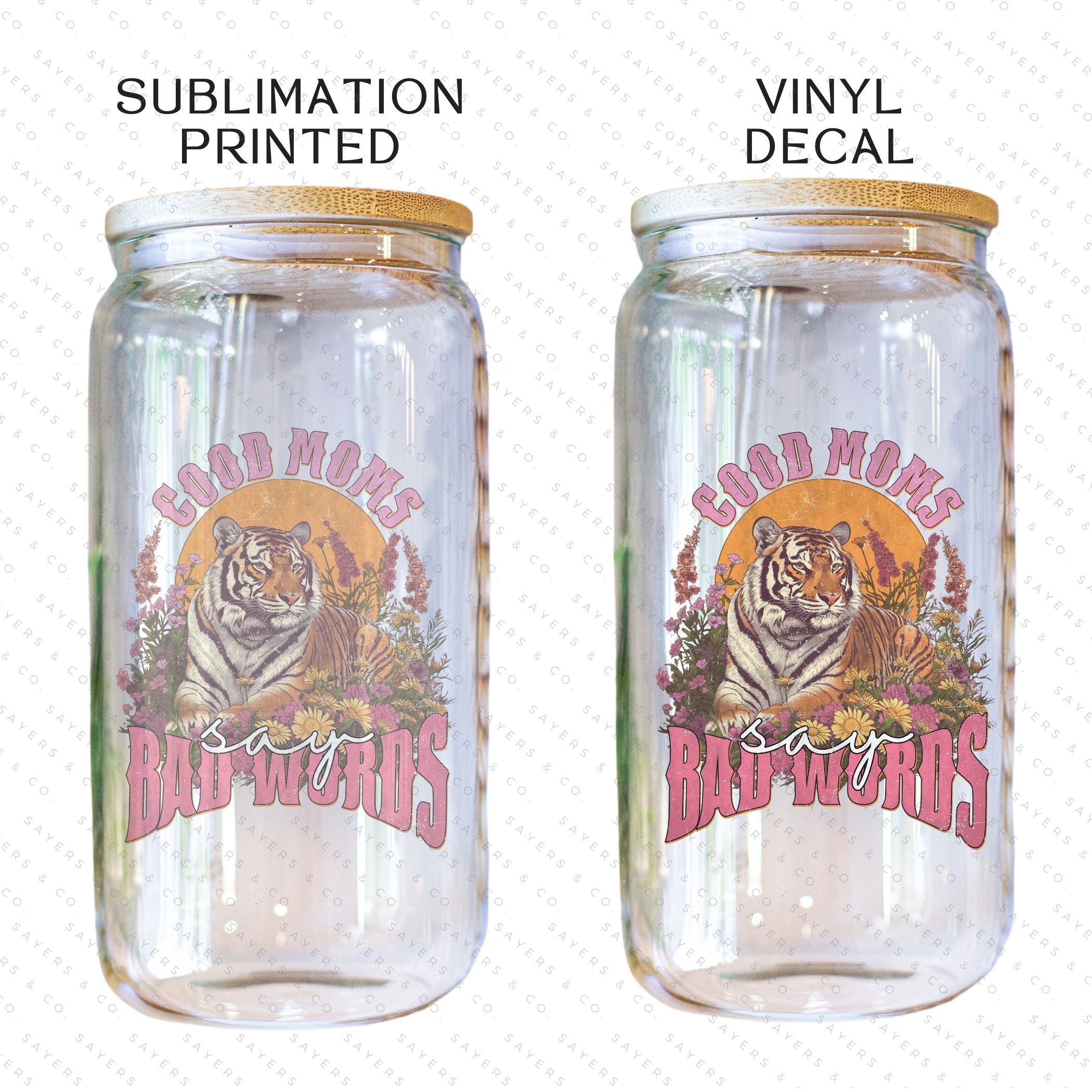 16oz Good Moms Say Bad Words Glass Cup with bamboo lid and straw, showcasing a humorous design perfect for moms and teachers.