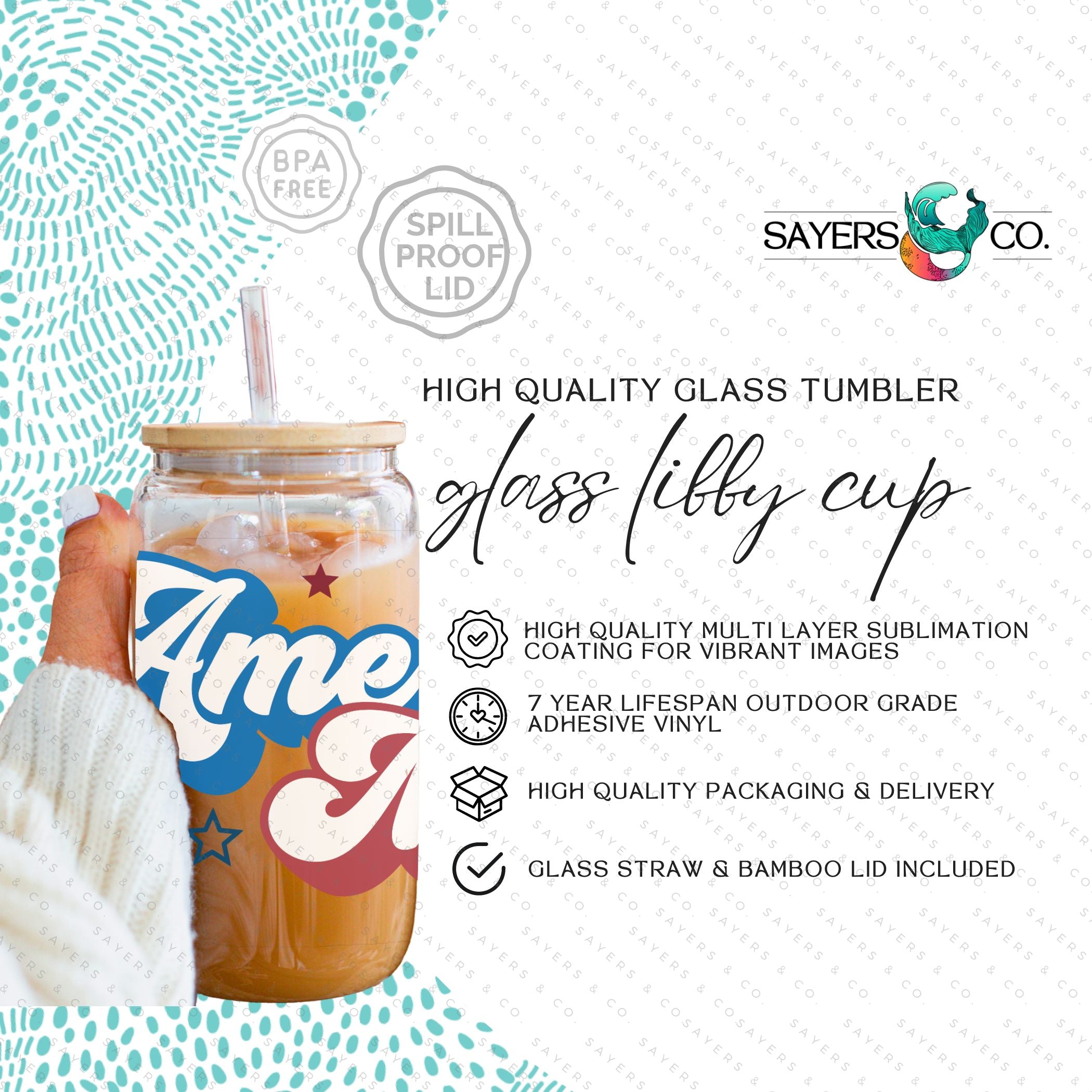 16oz Summer American Mama Patriotic Glass Cup featuring a bamboo lid and straw, perfect for summer drinks.