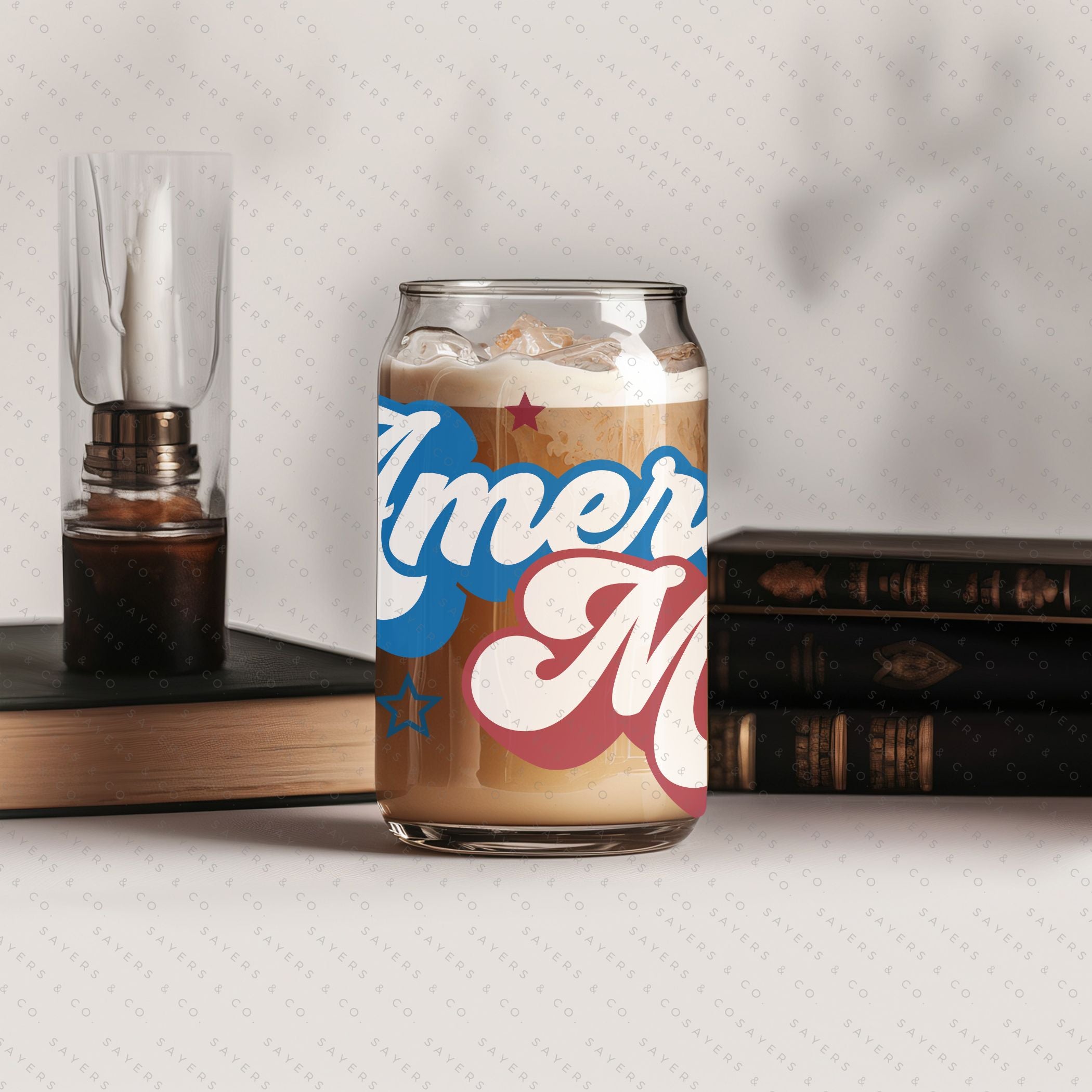 16oz Summer American Mama Patriotic Glass Cup featuring a bamboo lid and straw, perfect for summer drinks.
