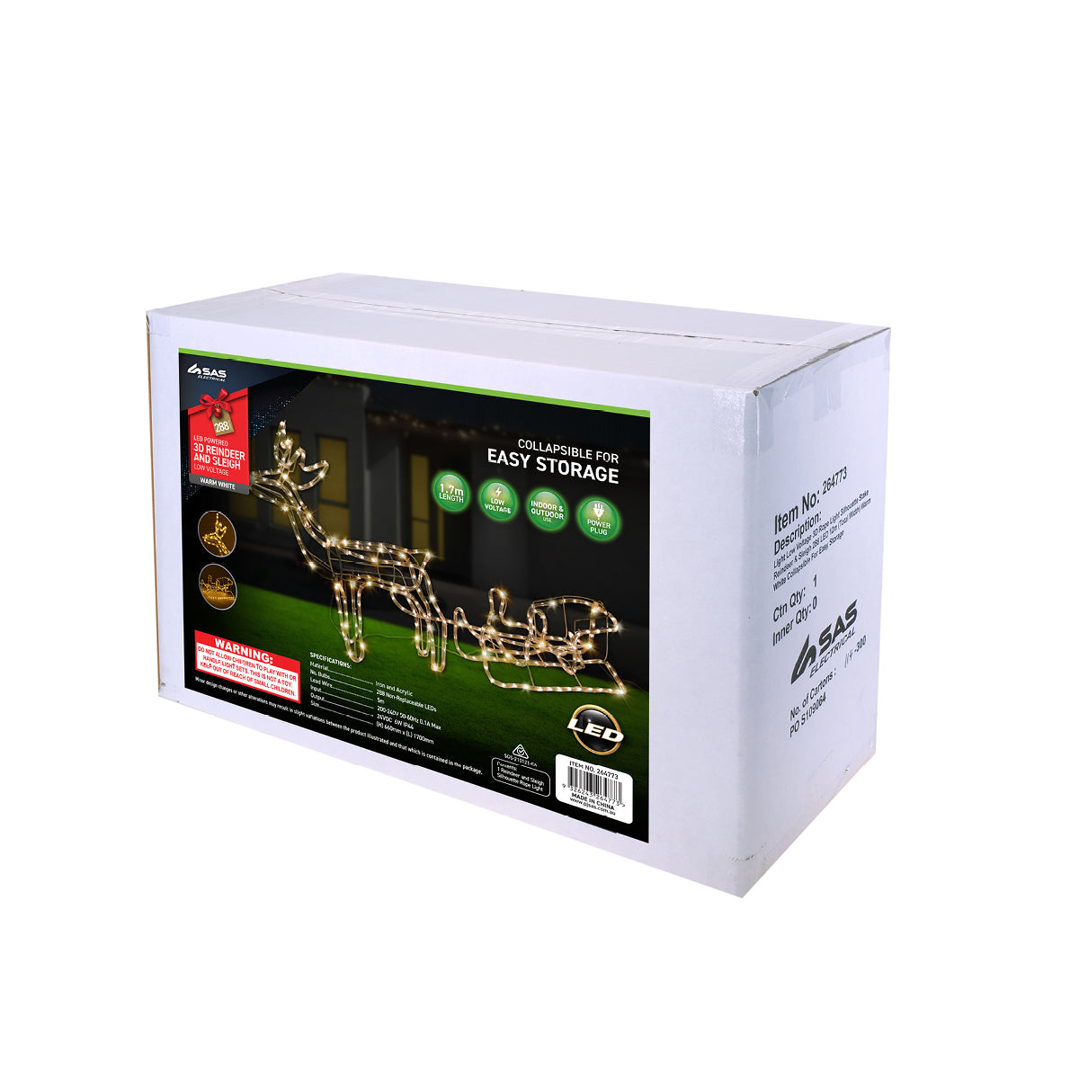 A beautifully illuminated 3D reindeer and sleigh display with warm white rope lights, perfect for festive decorations.