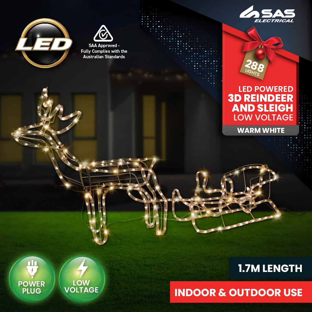 A beautifully illuminated 3D reindeer and sleigh display with warm white rope lights, perfect for festive decorations.