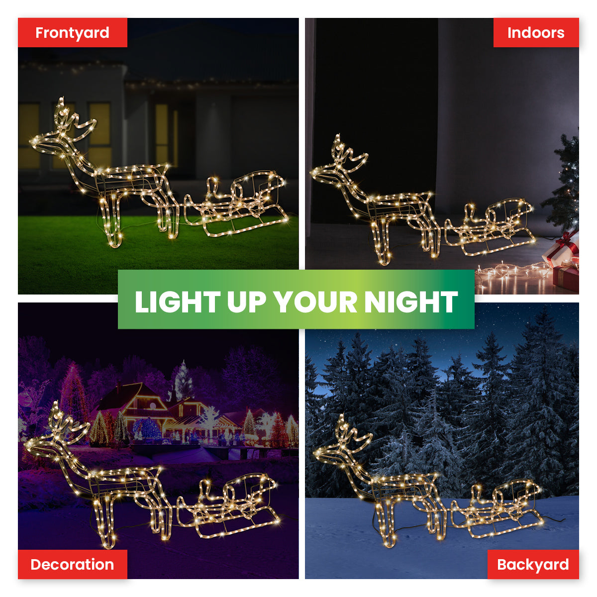 A beautifully illuminated 3D reindeer and sleigh display with warm white rope lights, perfect for festive decorations.