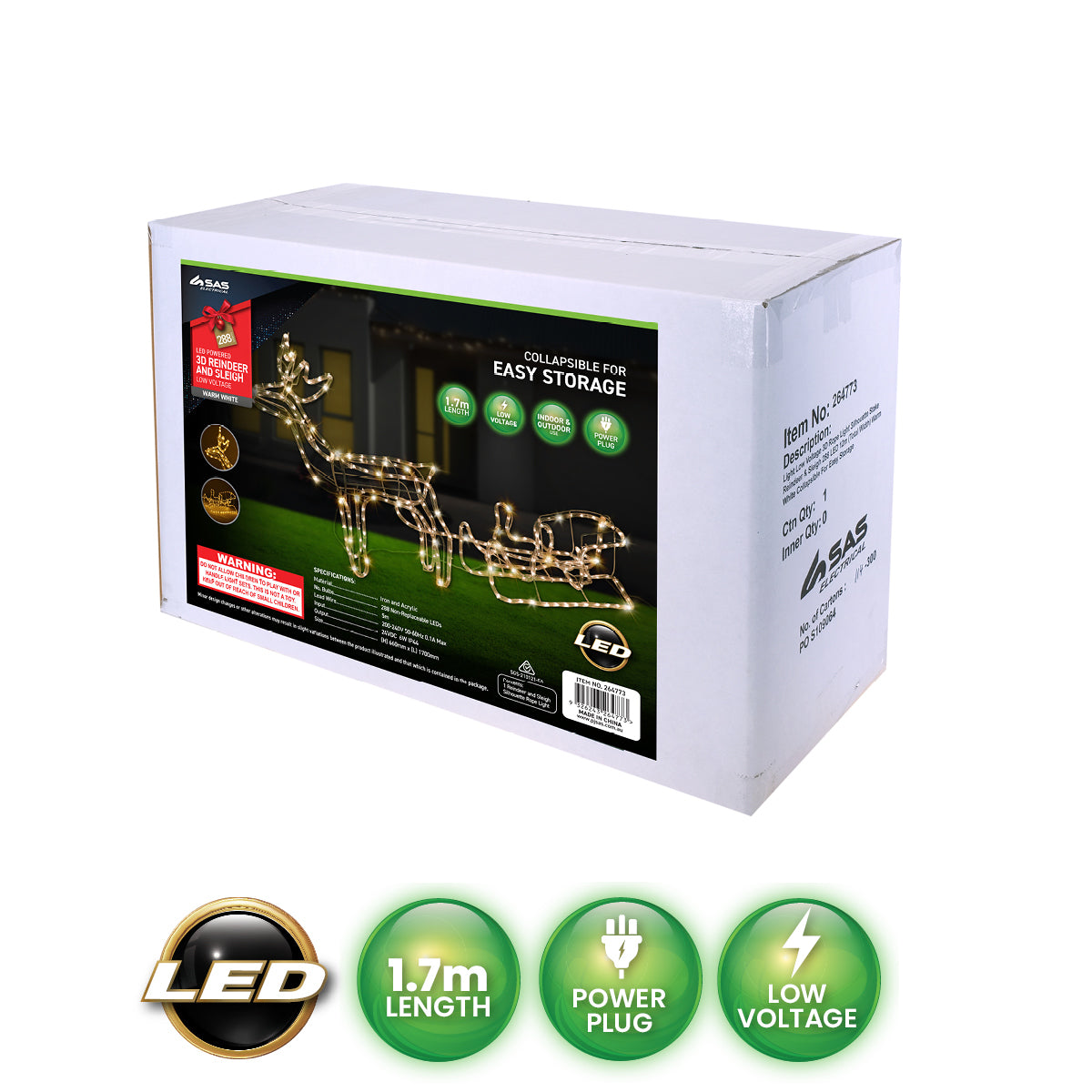 A beautifully illuminated 3D reindeer and sleigh display with warm white rope lights, perfect for festive decorations.