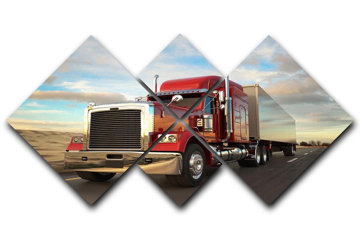 A vibrant 18 Wheel Red Truck artwork displayed in four square panels, showcasing a classic truck design.