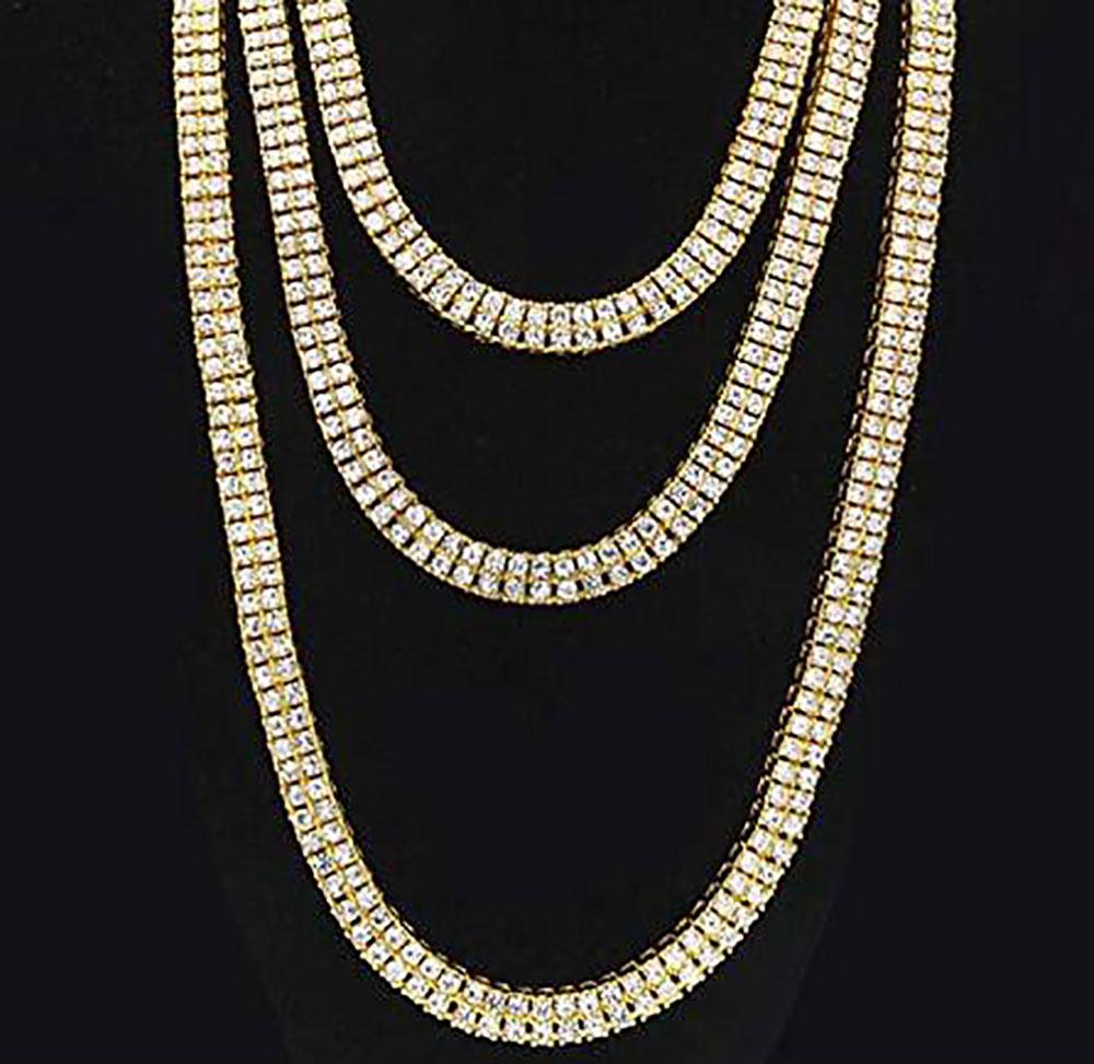 18K Gold Plated Iced Out Baguette Tennis Chain Necklace showcasing its sparkling design and luxurious finish.