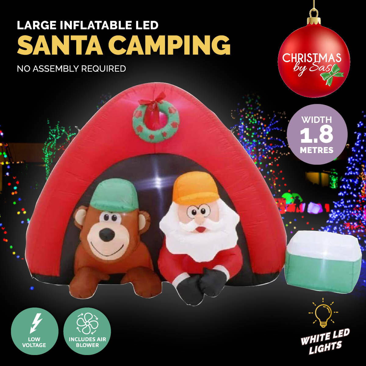 1.8m inflatable Santa and bear with LED lights, perfect for outdoor Christmas decorations.