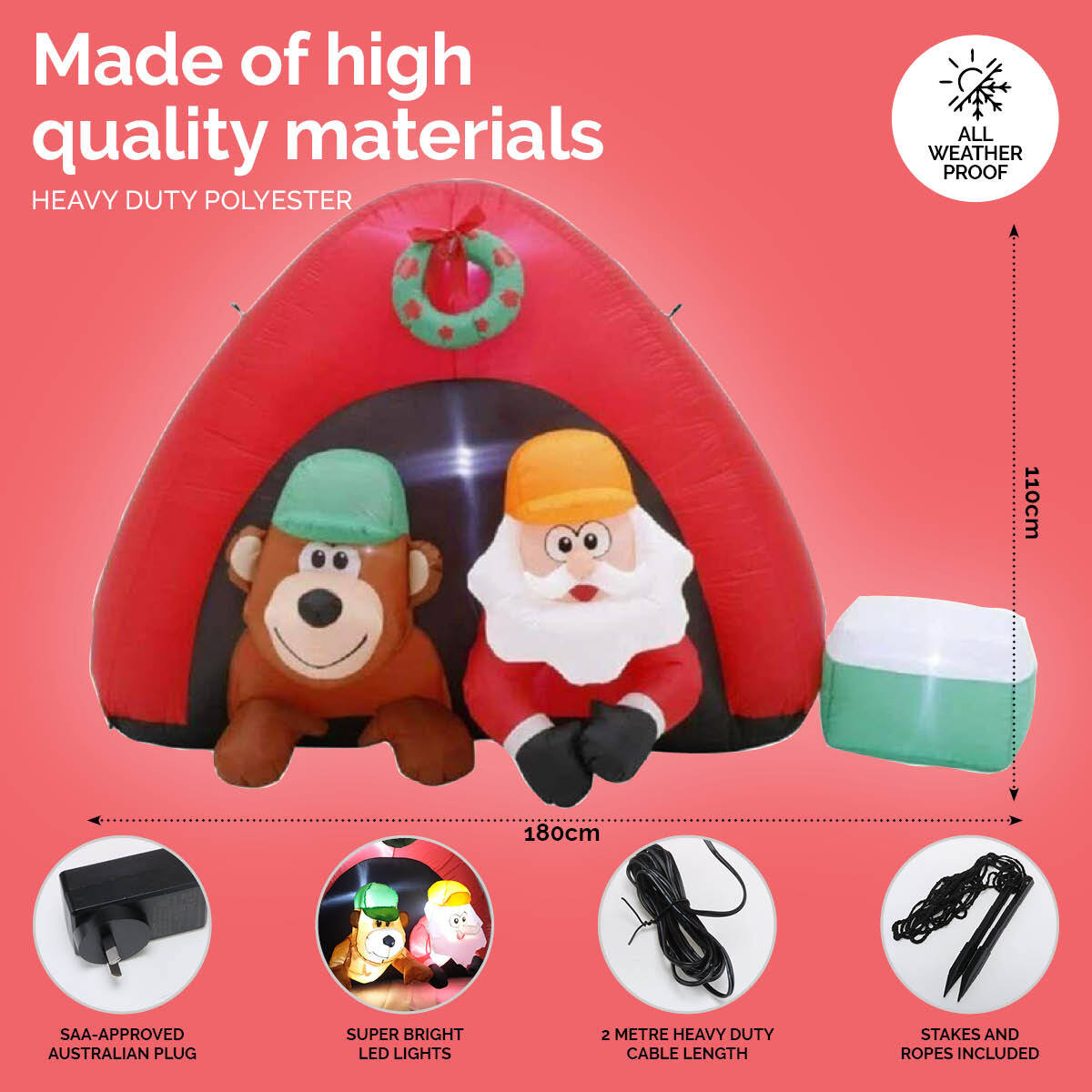 1.8m inflatable Santa and bear with LED lights, perfect for outdoor Christmas decorations.