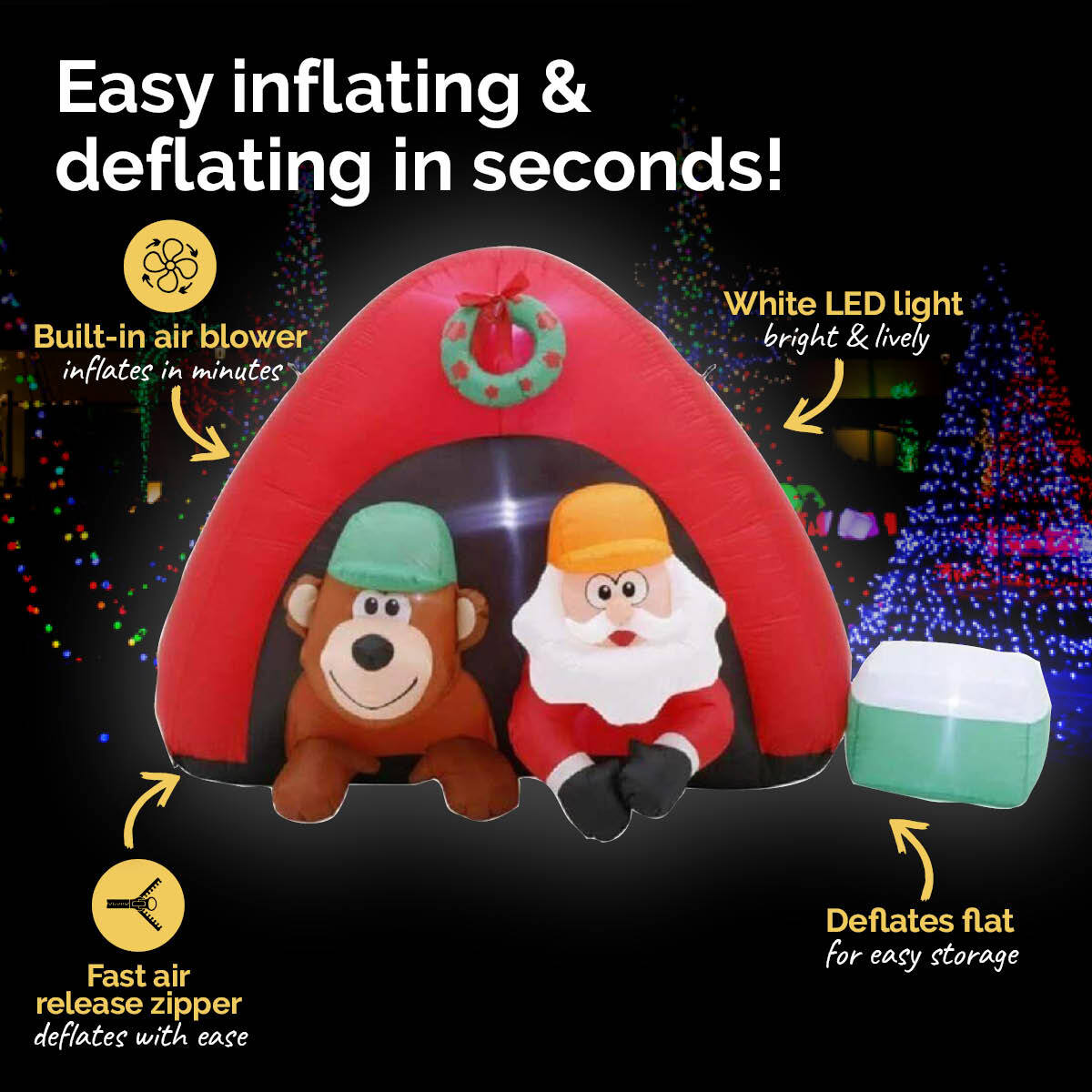 1.8m inflatable Santa and bear with LED lights, perfect for outdoor Christmas decorations.