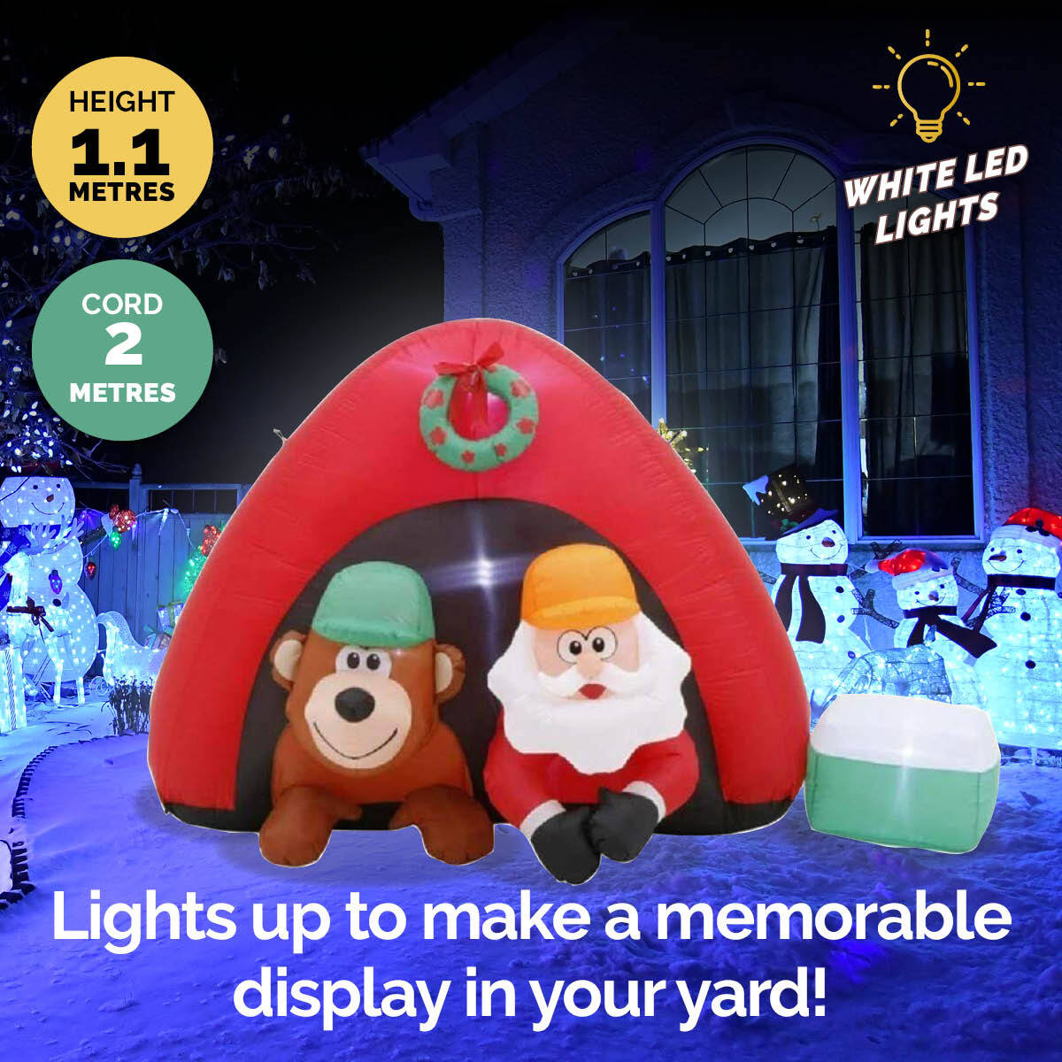 1.8m inflatable Santa and bear with LED lights, perfect for outdoor Christmas decorations.